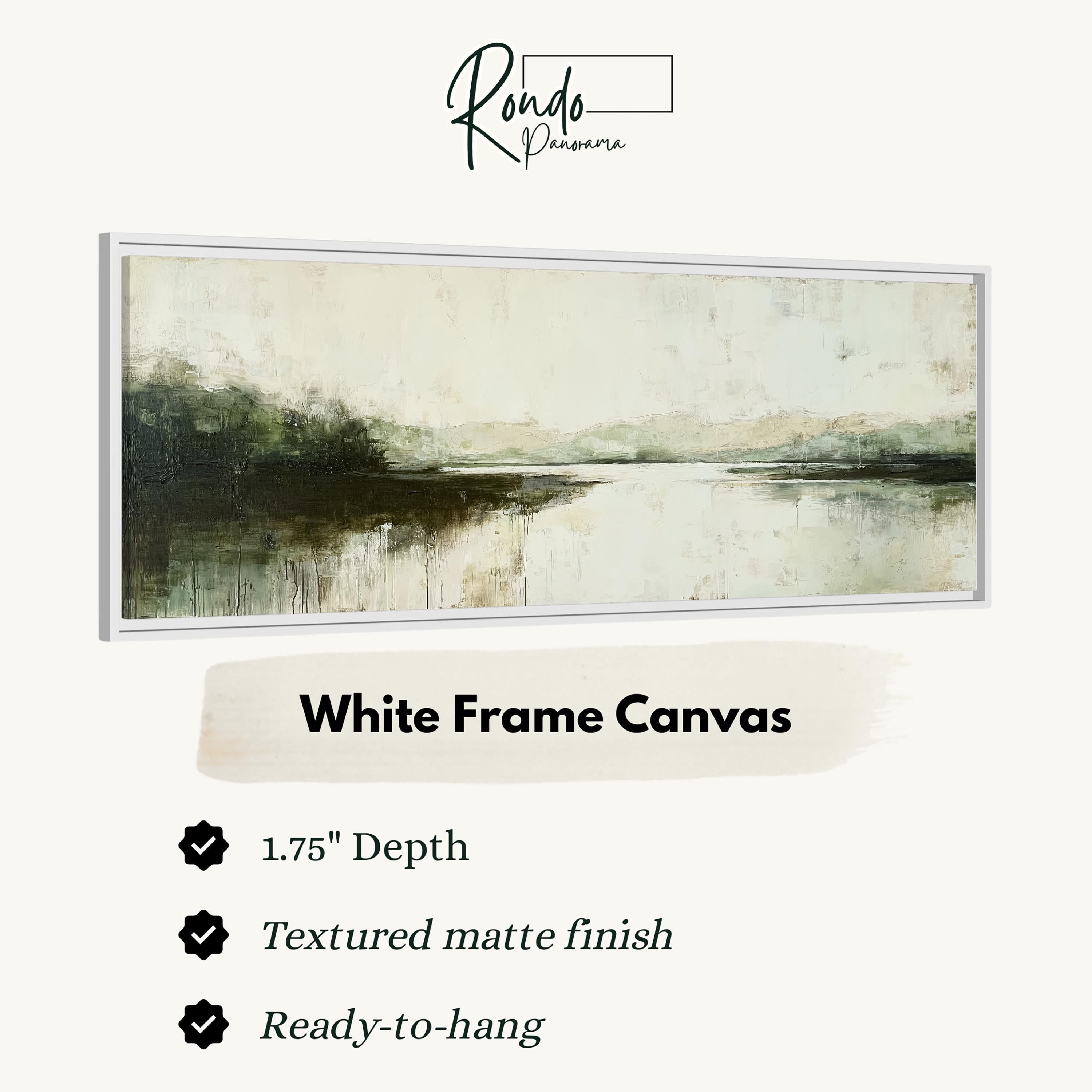 The image is a white frame canvas depicting a landscape with a body of water and trees.