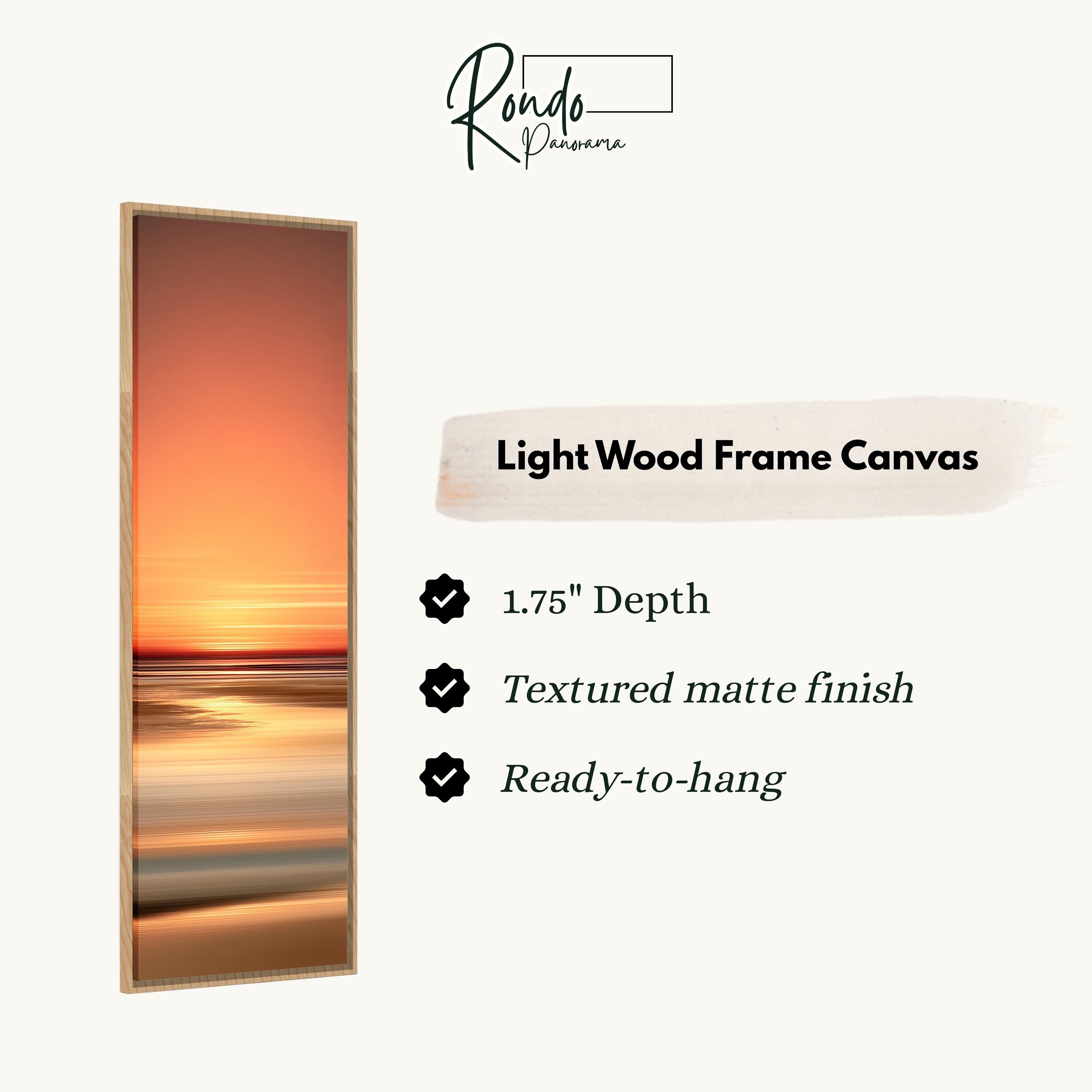 The image is a vertical wooden frame canvas depicting a sunset over a body of water.