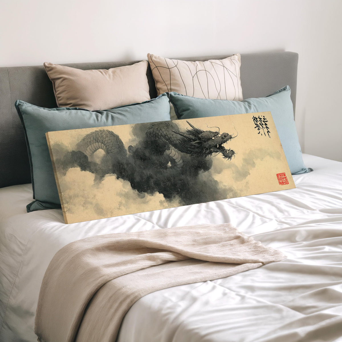 Storm dragon emerging from ink clouds long horizontal canvas print displayed on a wall