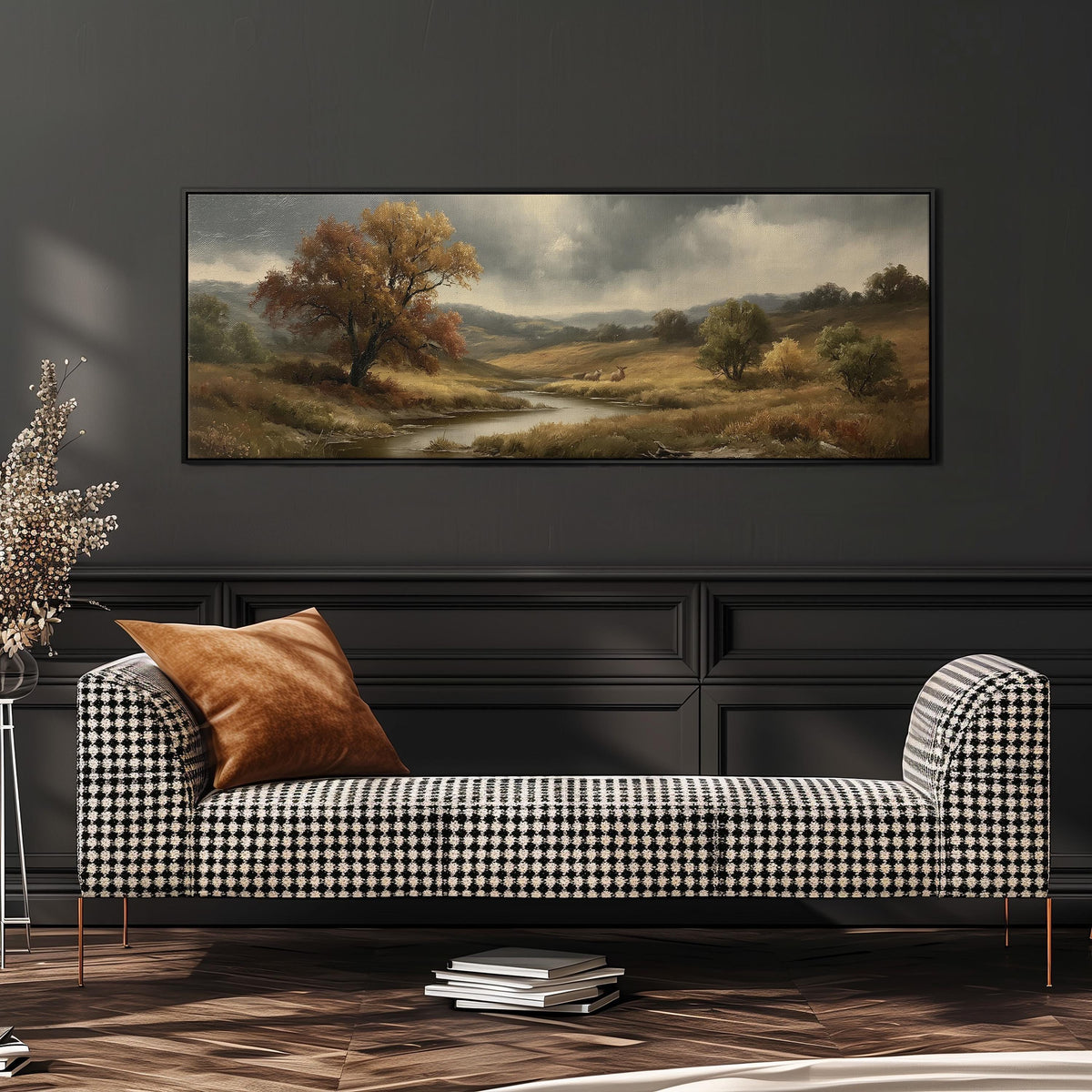 Autumn river valley under a stormy sky wide panoramic canvas print above a bench in a dark living room