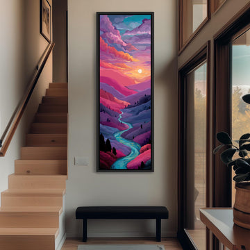 a large, colorful painting of a mountain landscape hanging on the wall of a room with wooden stairs and a bench.