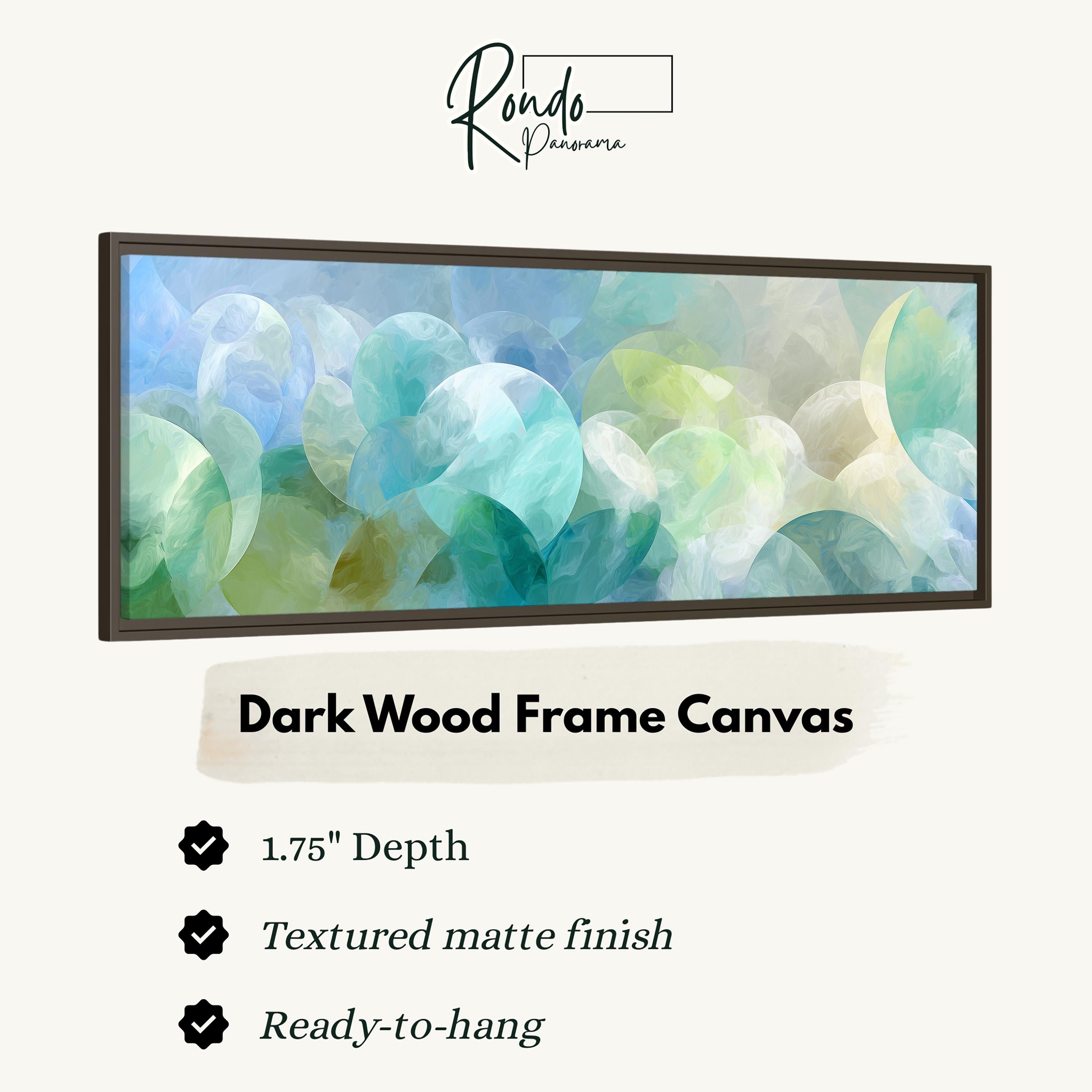 The image is a framed artwork with a dark wood frame. The artwork is a canvas with a textured matte finish and has a 1.75" depth. The frame is ready to hang.