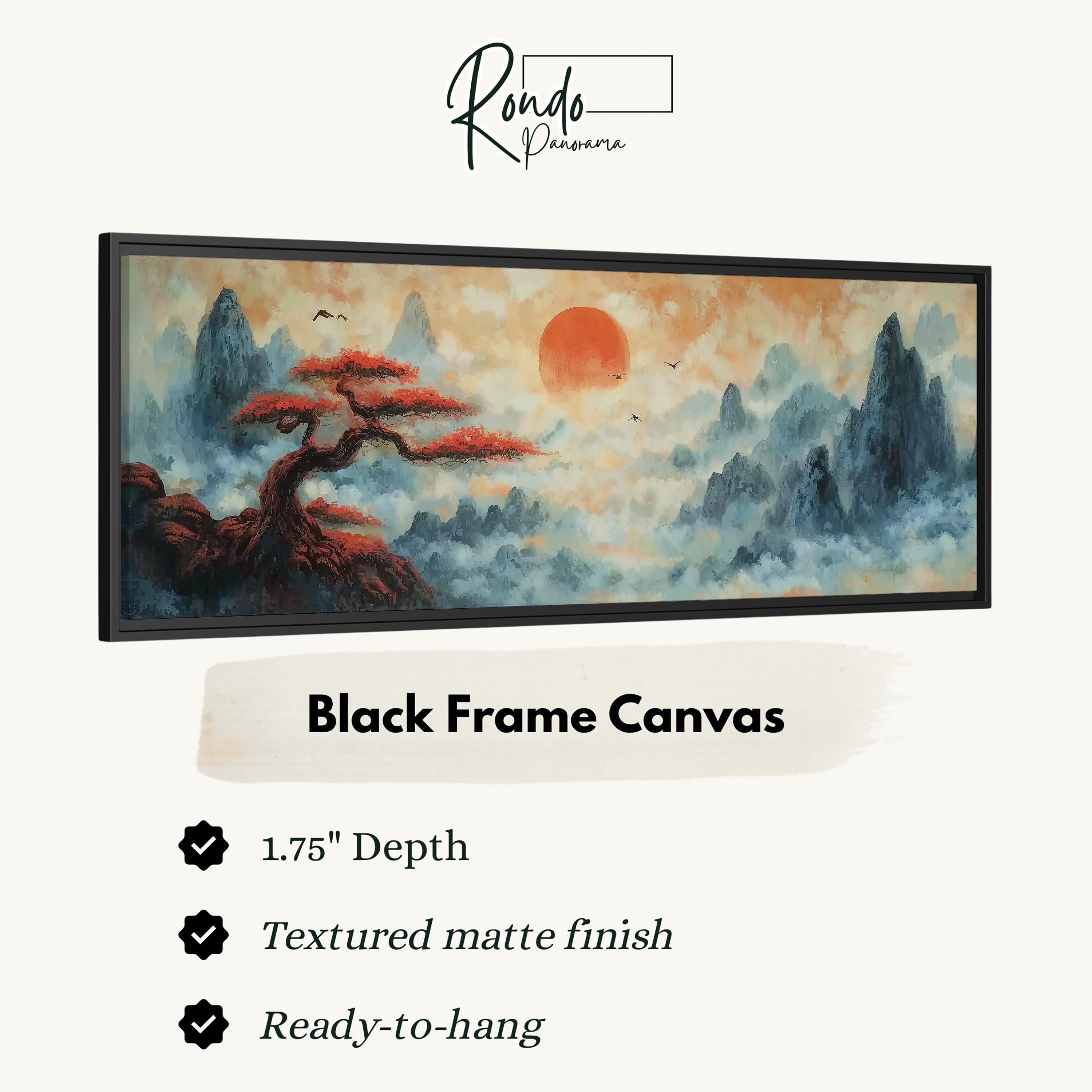 The image is a black frame canvas depicting a landscape with a tree, mountains, and a sunset.