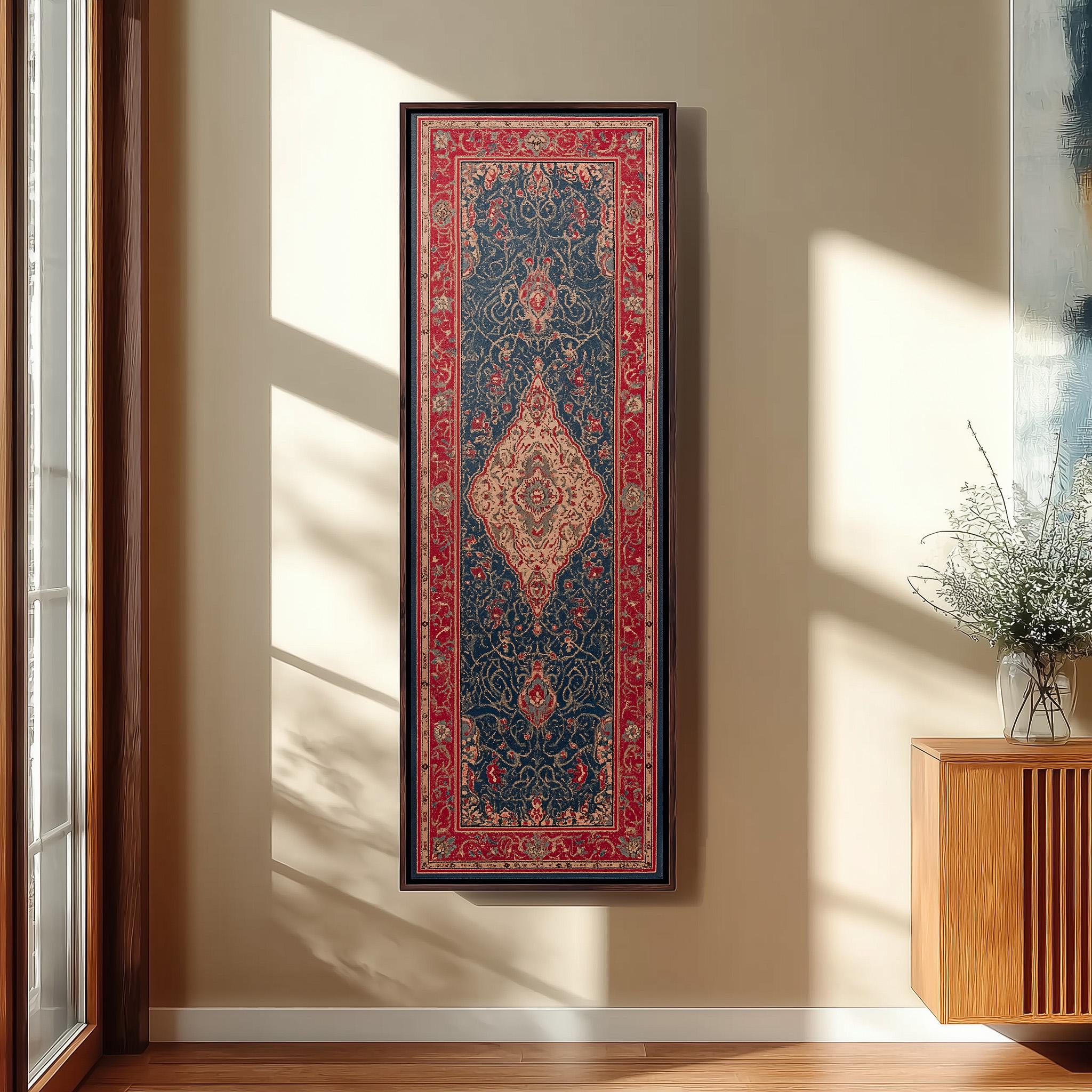 a large, ornate rug hanging on a wall in a room with a wooden cabinet and a vase of flowers.