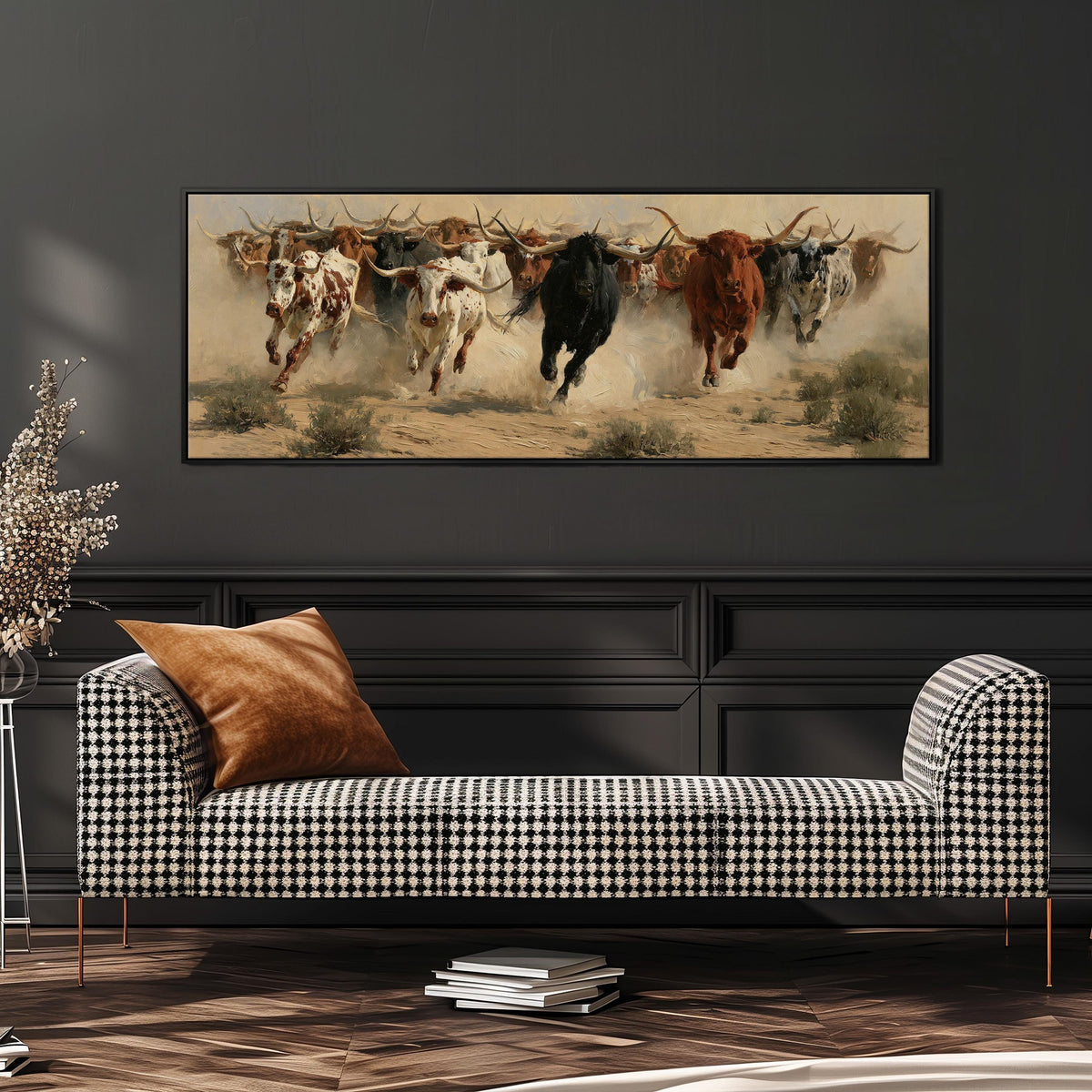Charging longhorn herd wide panoramic canvas print above a bench in a dark living room
