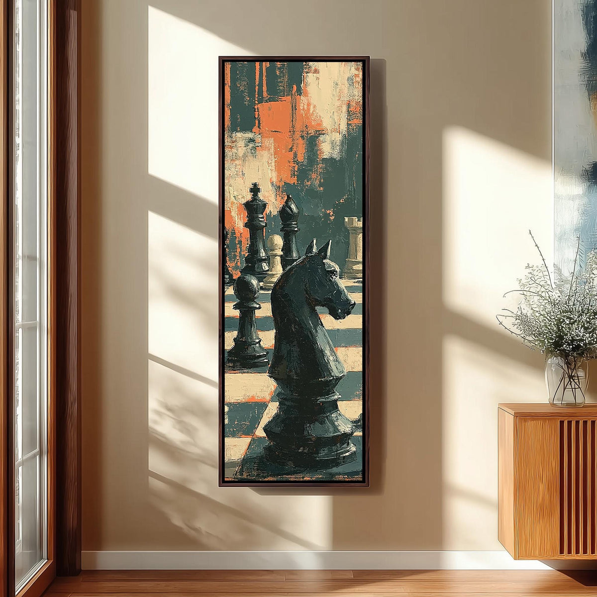 Black chess knight in dramatic shadows tall narrow canvas print beside a staircase in an entryway