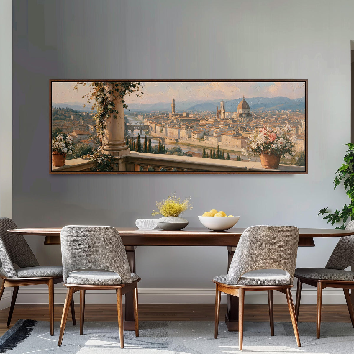Florence skyline from a flowered balcony long horizontal canvas print above a dining table