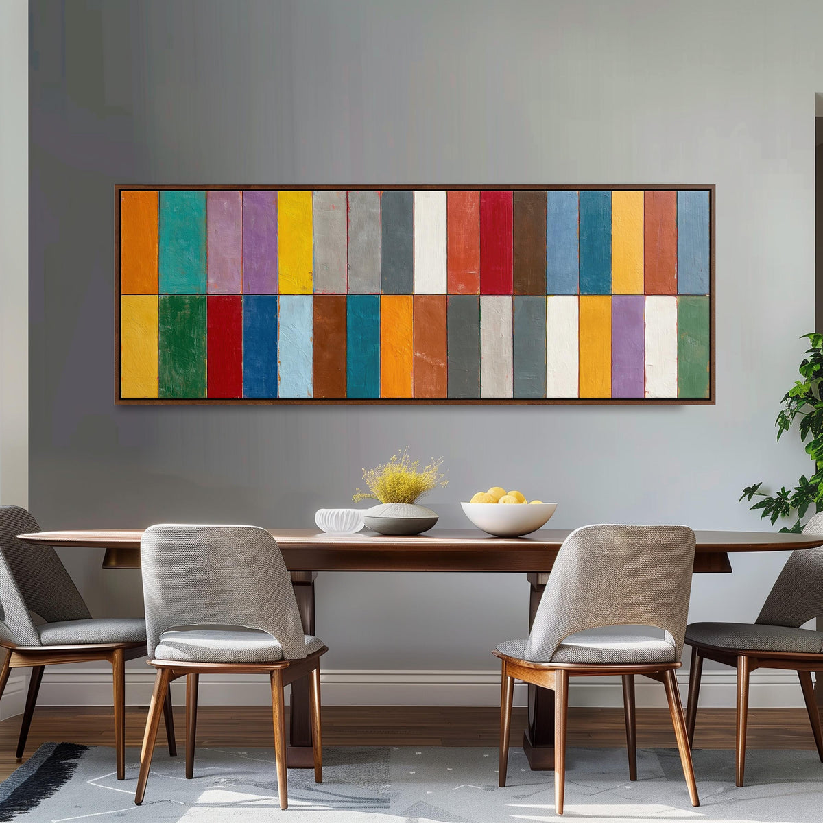 Bright color block rows long horizontal canvas print above a dining table