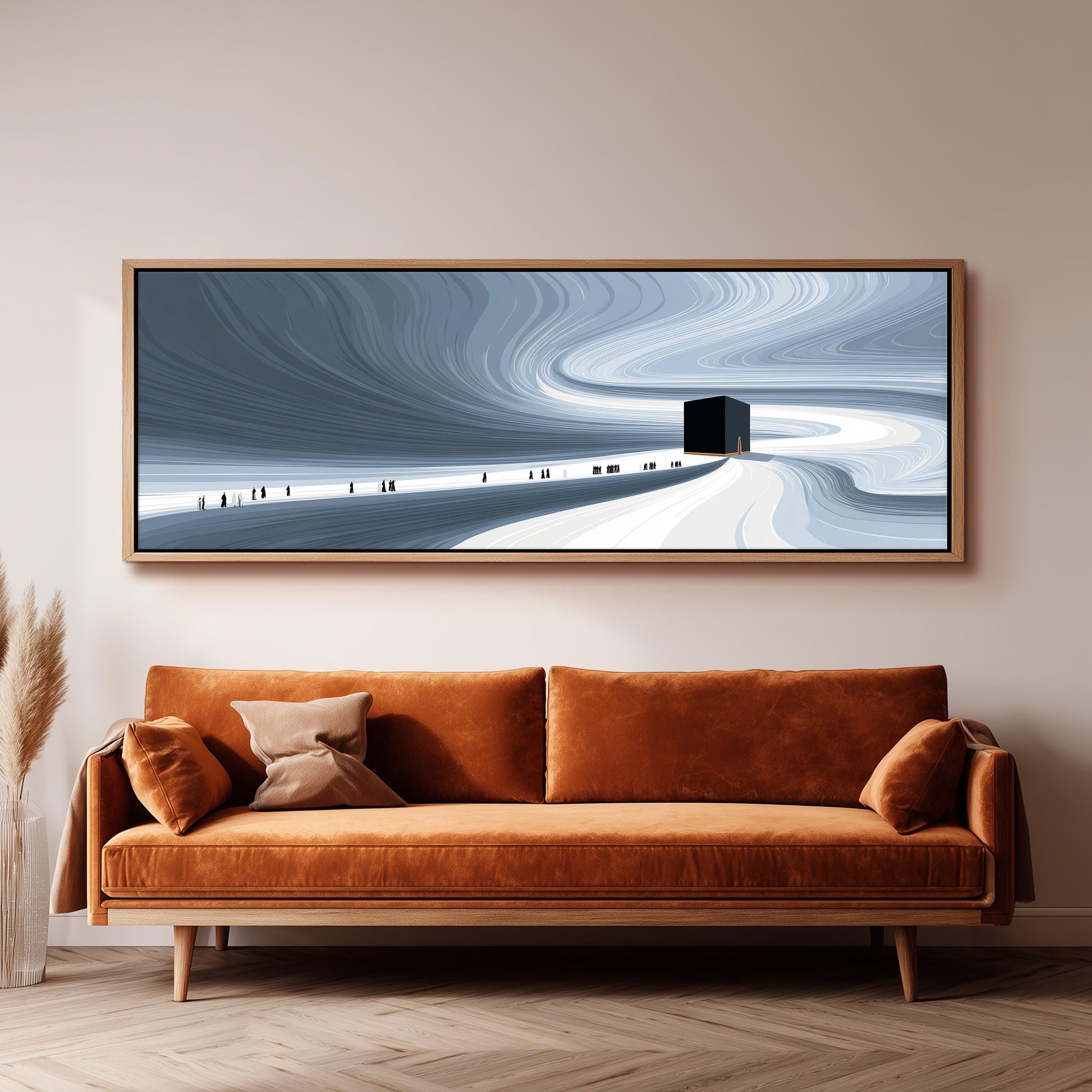 a large, abstract painting hanging on a wall above a brown sofa.