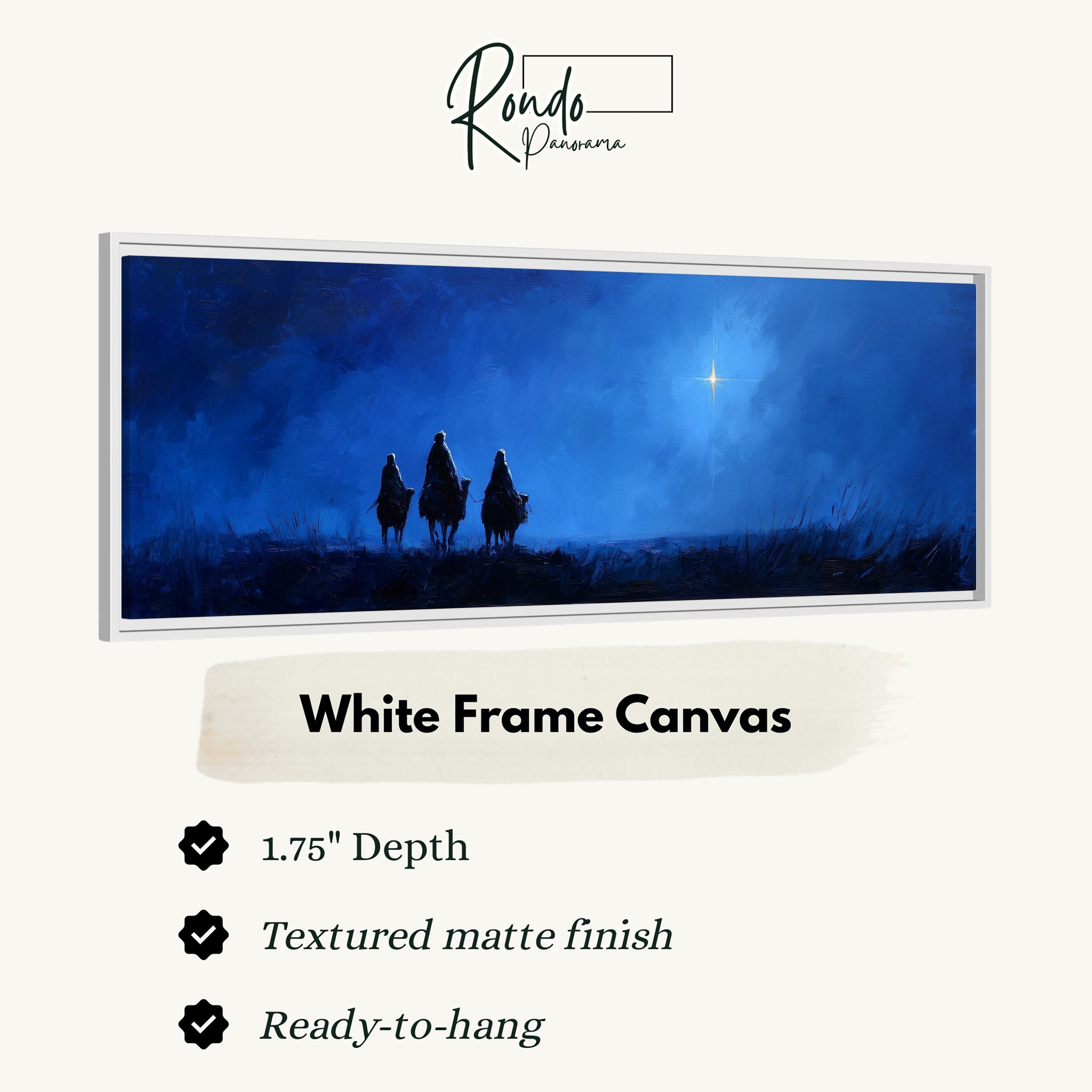 The image is a white frame canvas depicting three figures on horseback in a dark, starry night landscape.