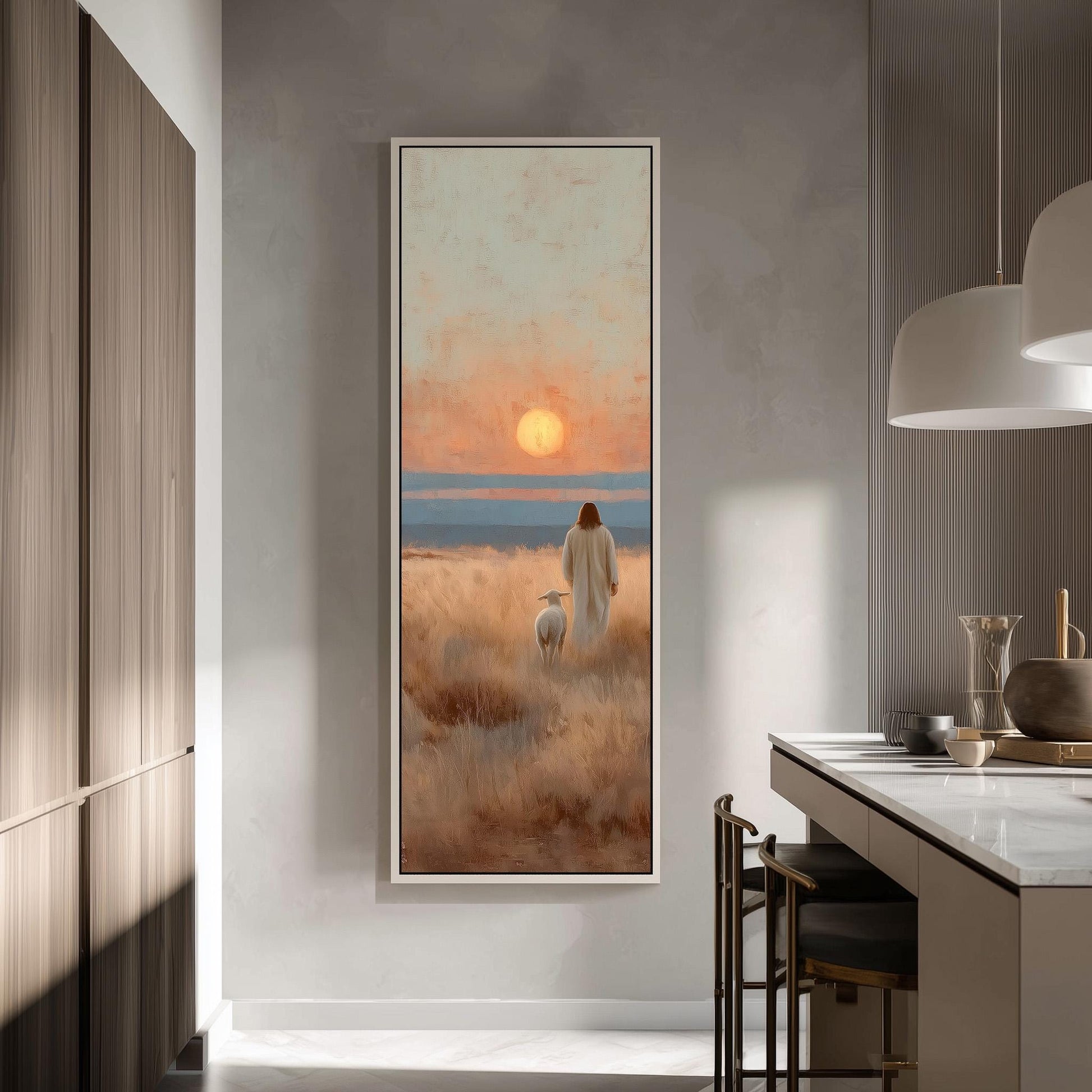 a serene scene of a person walking in a field with a dog, set against a backdrop of a sunset.