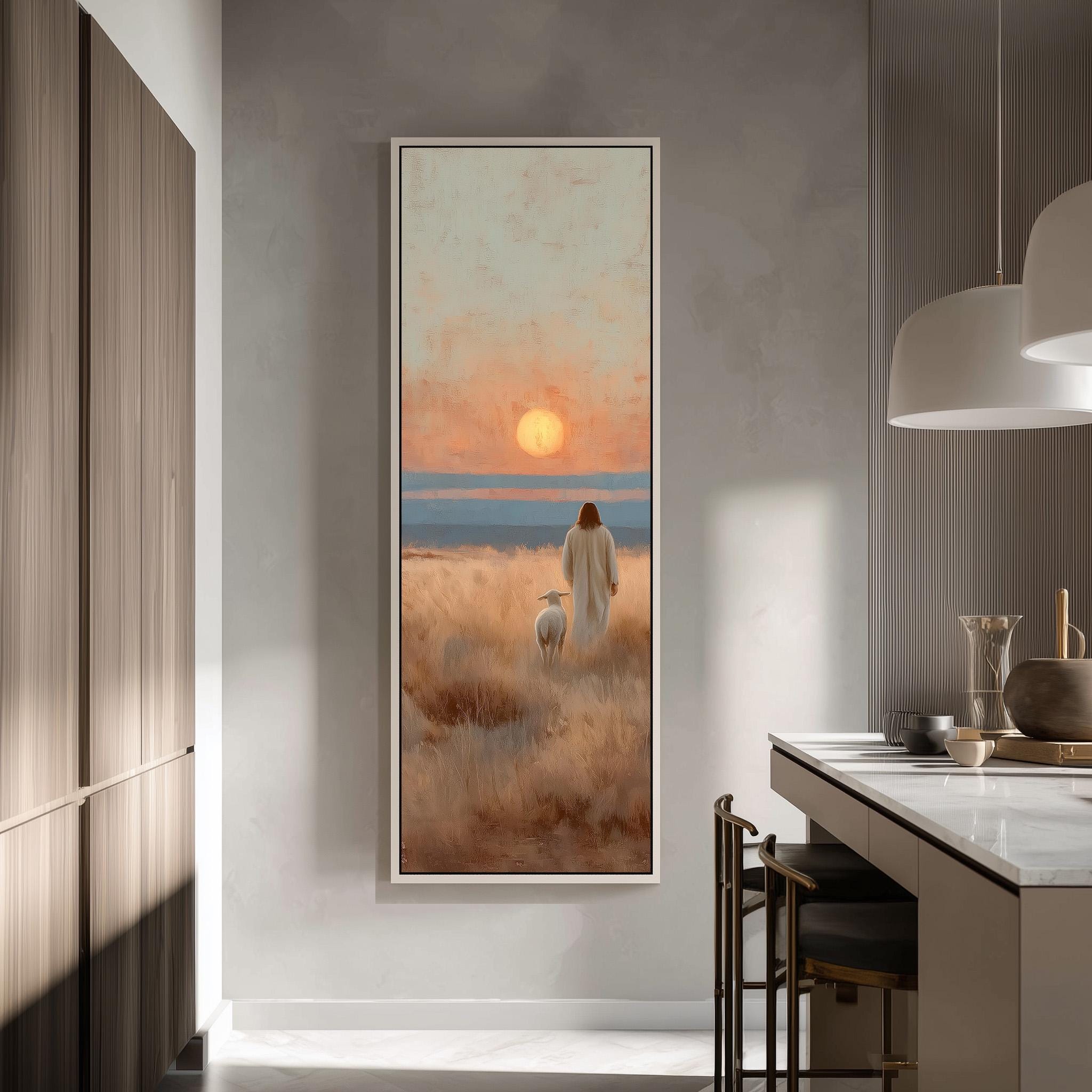a serene scene of a person walking in a field with a dog, set against a backdrop of a sunset.