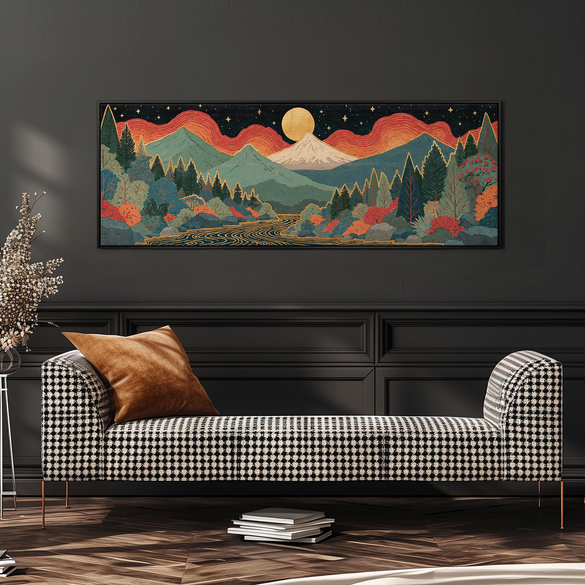 Mystic mountains under a moonrise wide panoramic canvas print above a bench in a dark living room