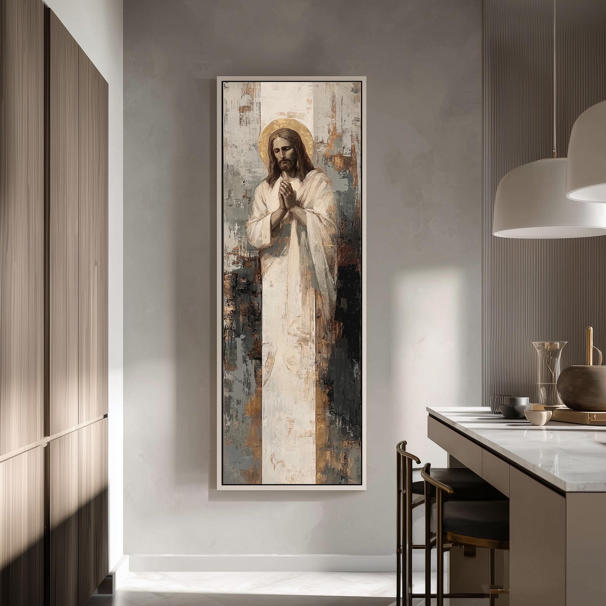 a large painting of Jesus Christ hanging on a wall in a modern, minimalist kitchen.