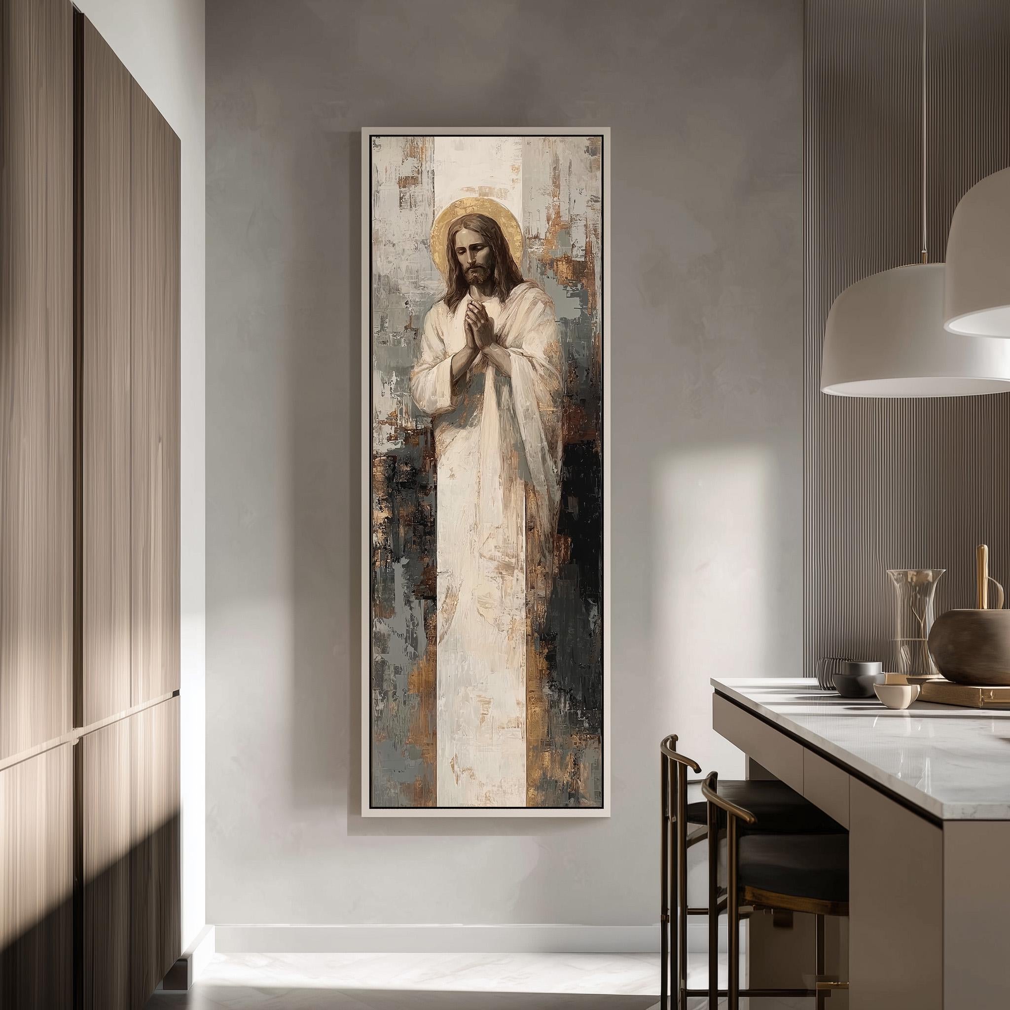 a large painting of Jesus Christ hanging on a wall in a modern, minimalist kitchen.