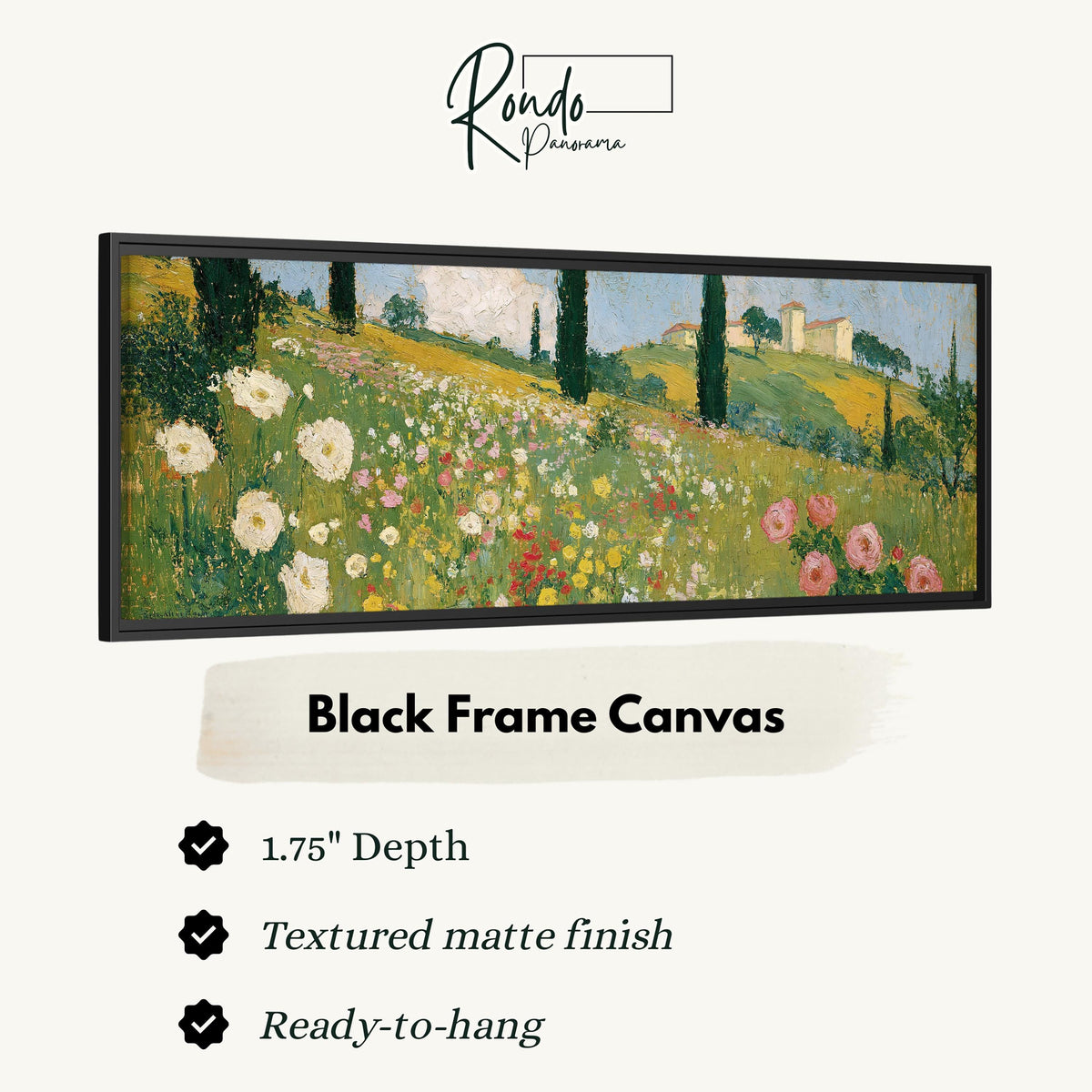 Tuscan wildflower hillside with cypress trees canvas print in a black floating frame