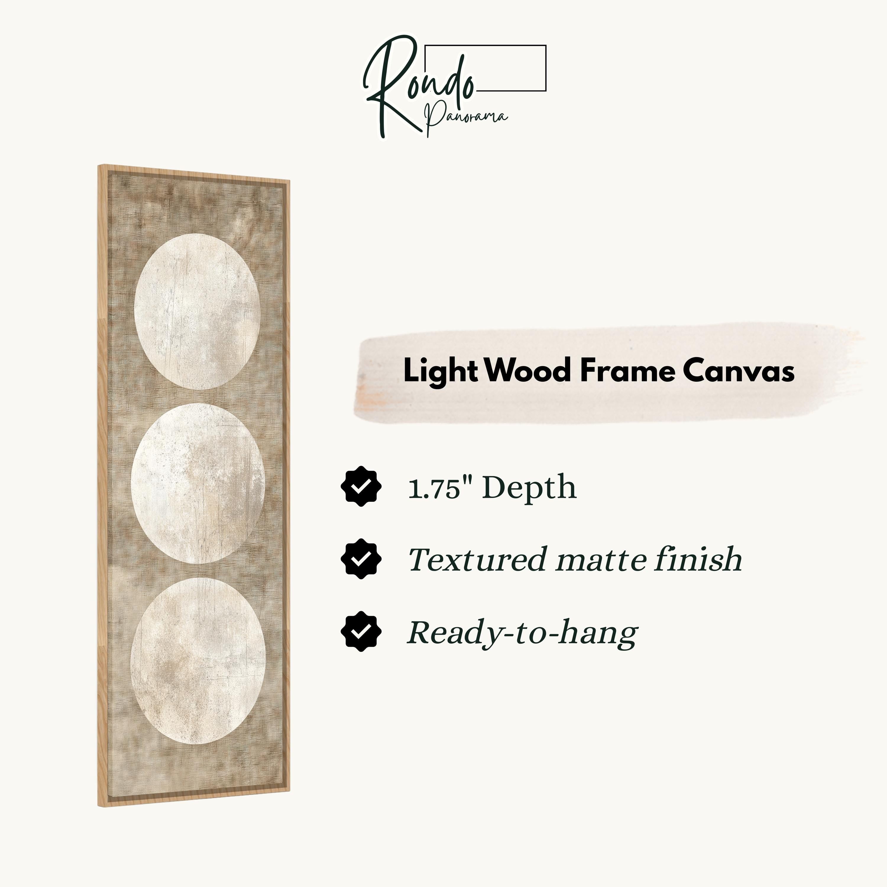 The image is a product description for a light wood frame canvas. It features a wooden frame with three circles on it, and provides details about the product, including its dimensions, finish, and hanging capabilities.