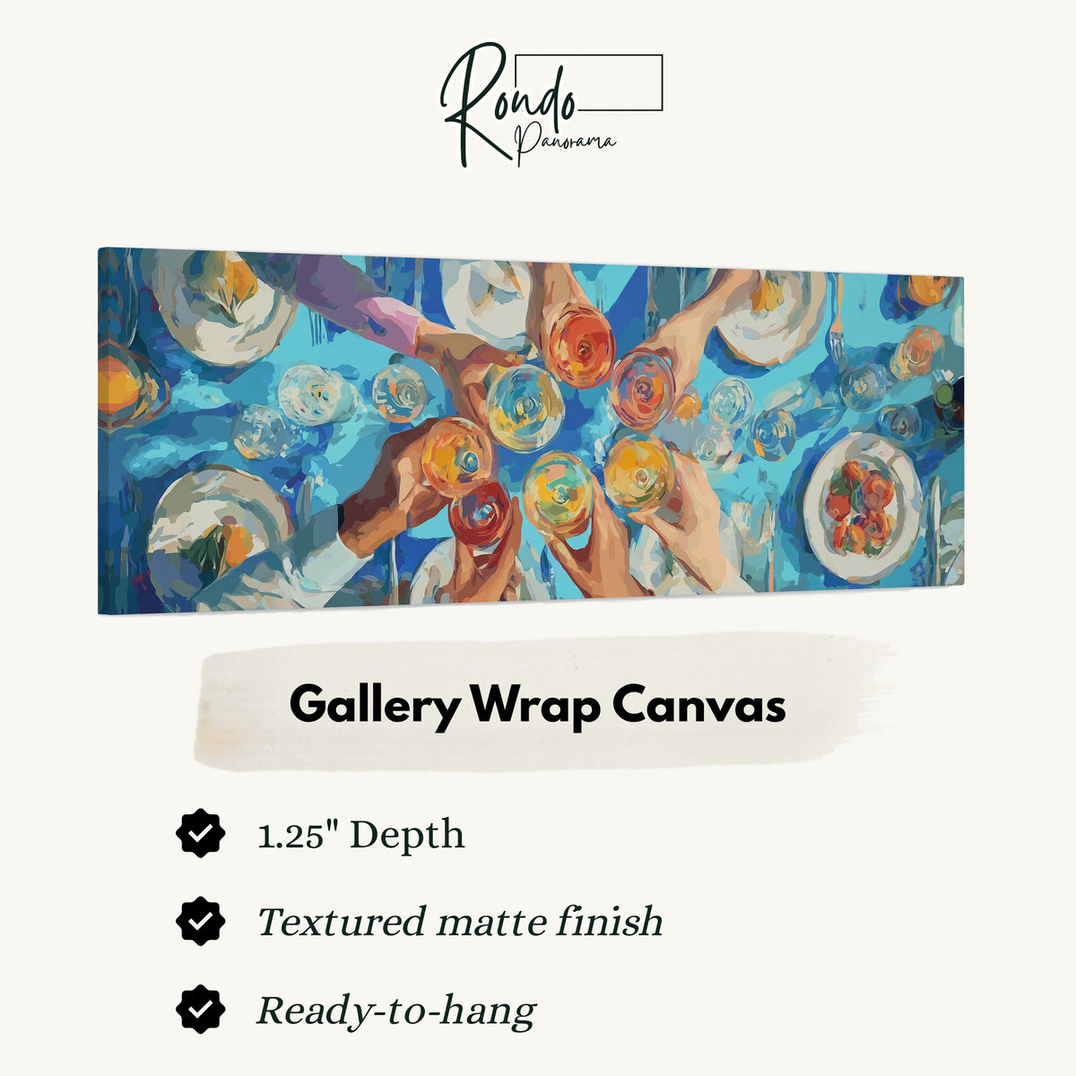 Friends toasting over a blue table from above gallery wrap canvas with the image wrapped around the edges