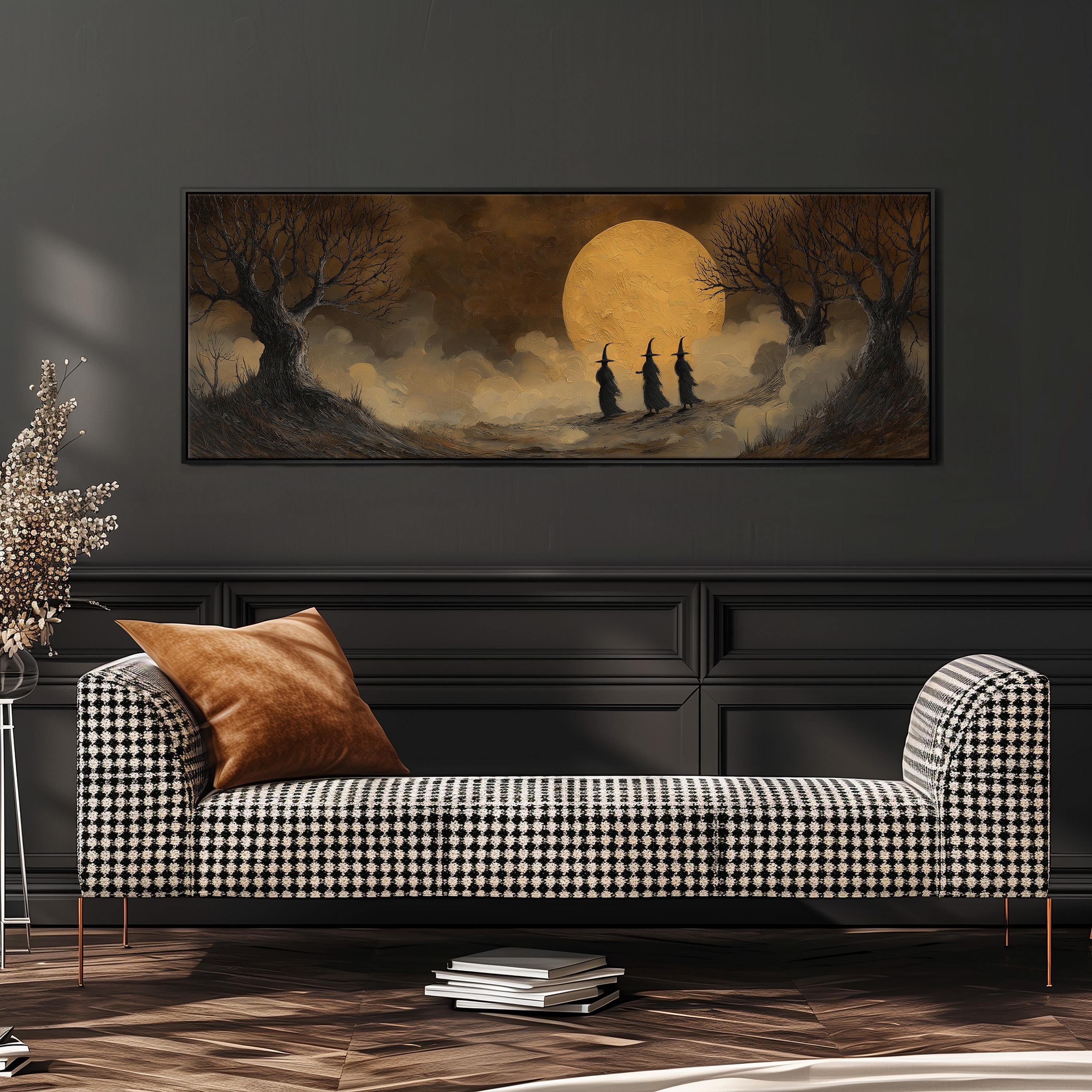 a large, dark-colored painting of a nighttime landscape with a full moon, trees, and three people walking in the distance. The painting is hung on a wall above a black and white checkered sofa with a brown throw pillow.