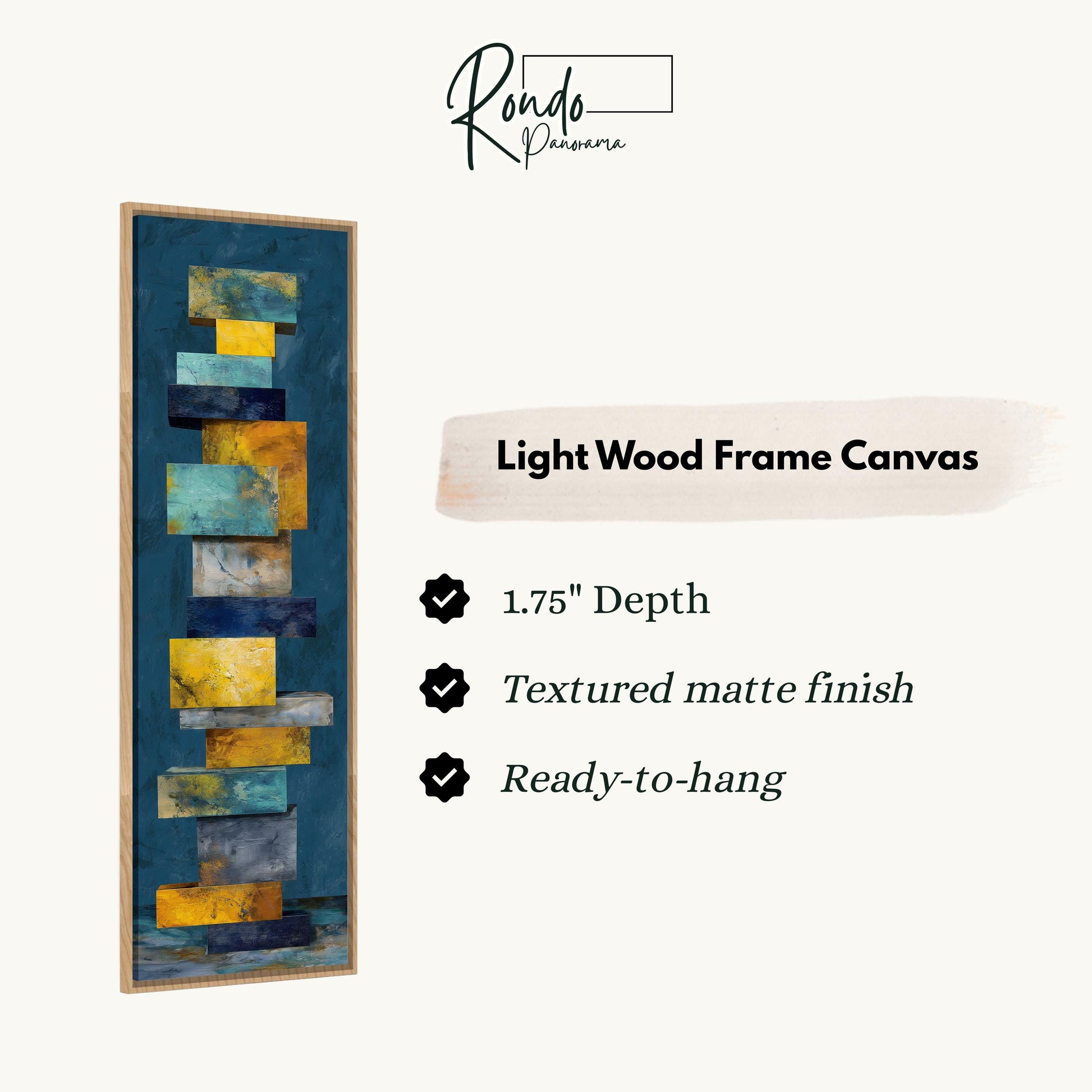The image is a product description for a light wood frame canvas. It features a vertical piece of art with a textured finish and a depth of 1.75 inches. The canvas is ready to hang and has a textured matte finish.