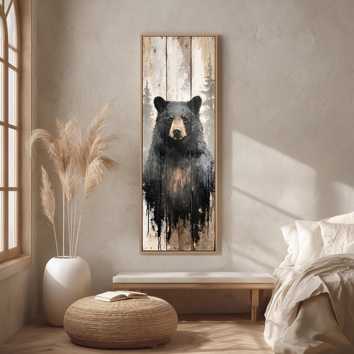 Black bear on weathered barn wood long vertical canvas print in a bright reading corner