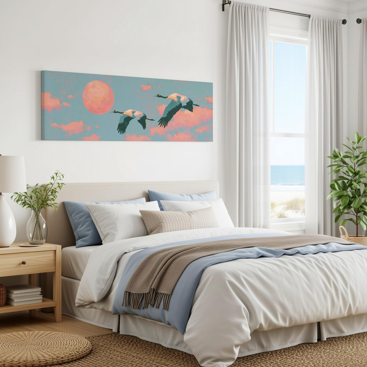 Two cranes flying at sunset panoramic canvas print above a bed in a coastal bedroom