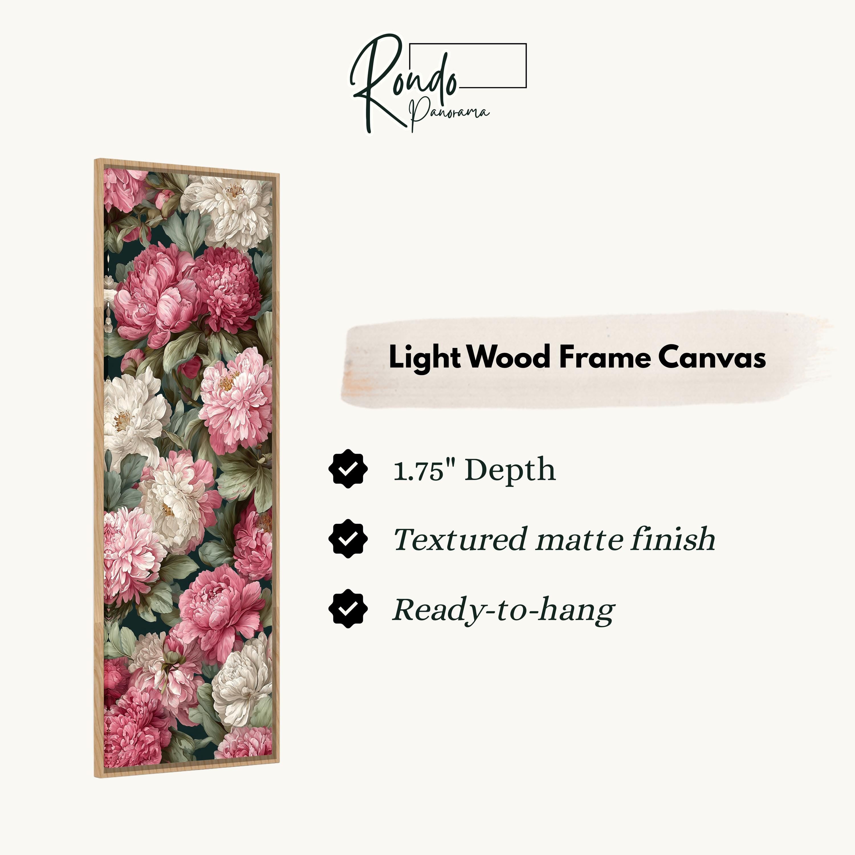 a light wood frame canvas with a floral pattern of pink and white flowers. The frame has a 1.75" depth and is textured with a matte finish, making it ready to hang.