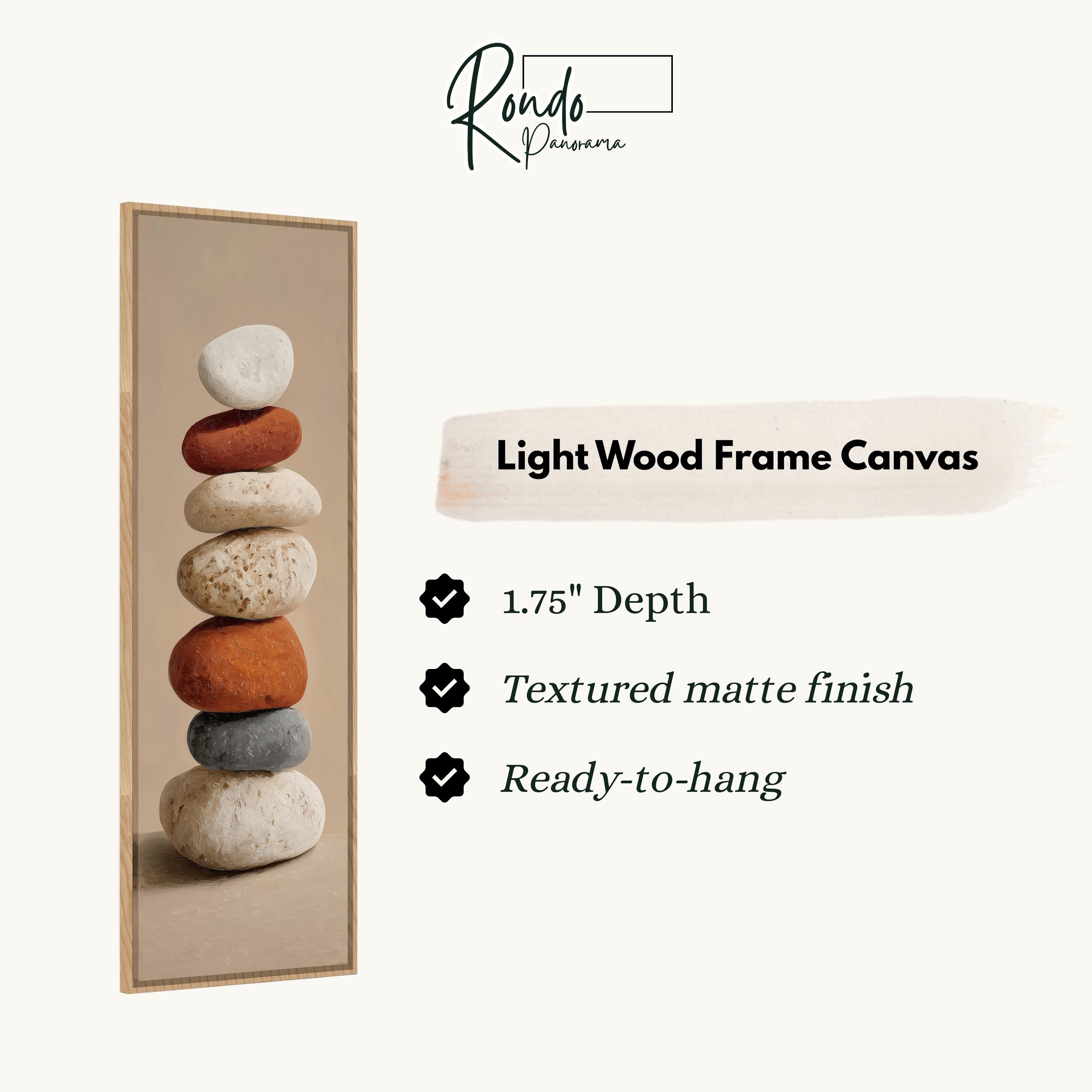 a light wood frame canvas with a stack of rocks on top of it.
