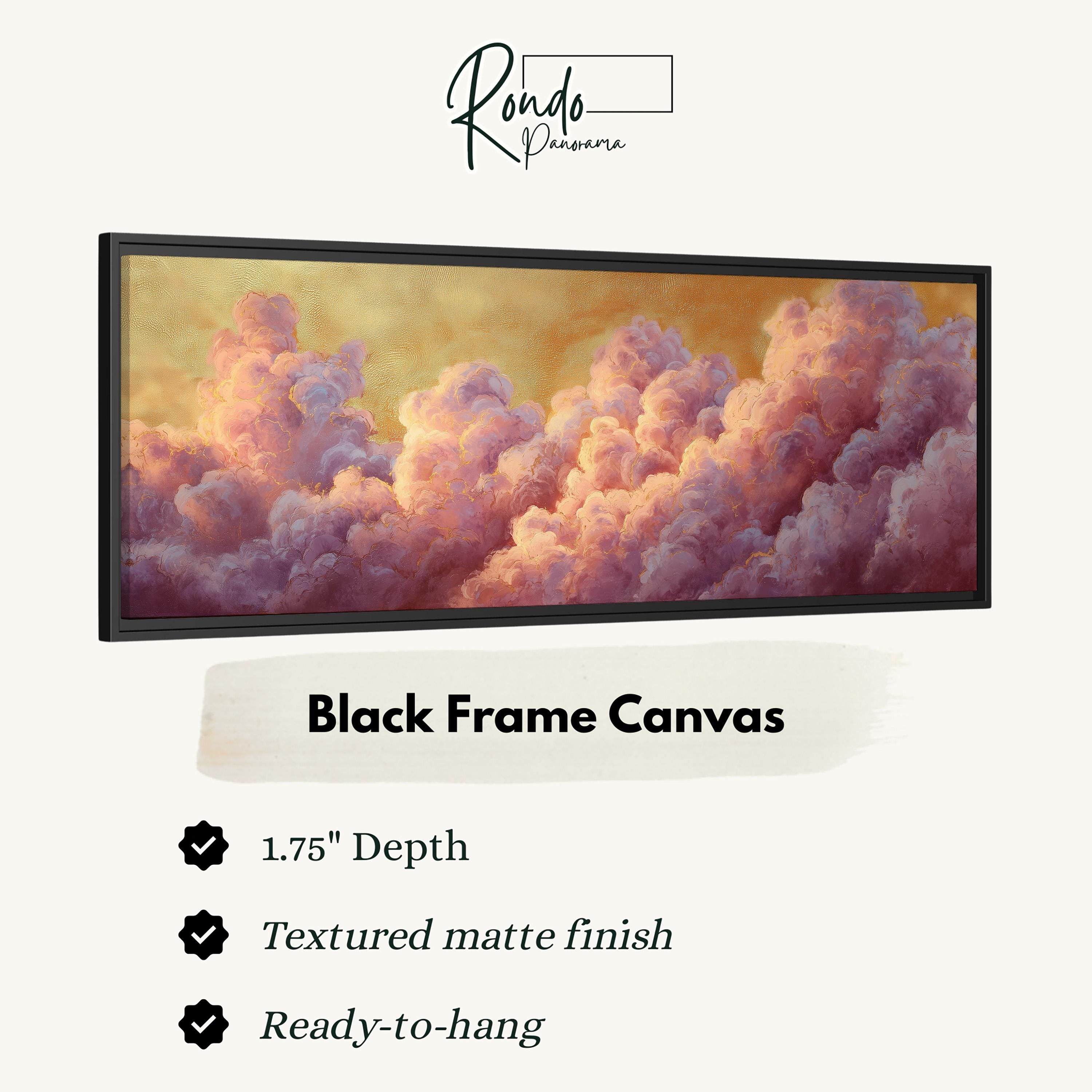 The image is a black frame canvas depicting a beautiful cloud painting with a textured matte finish.