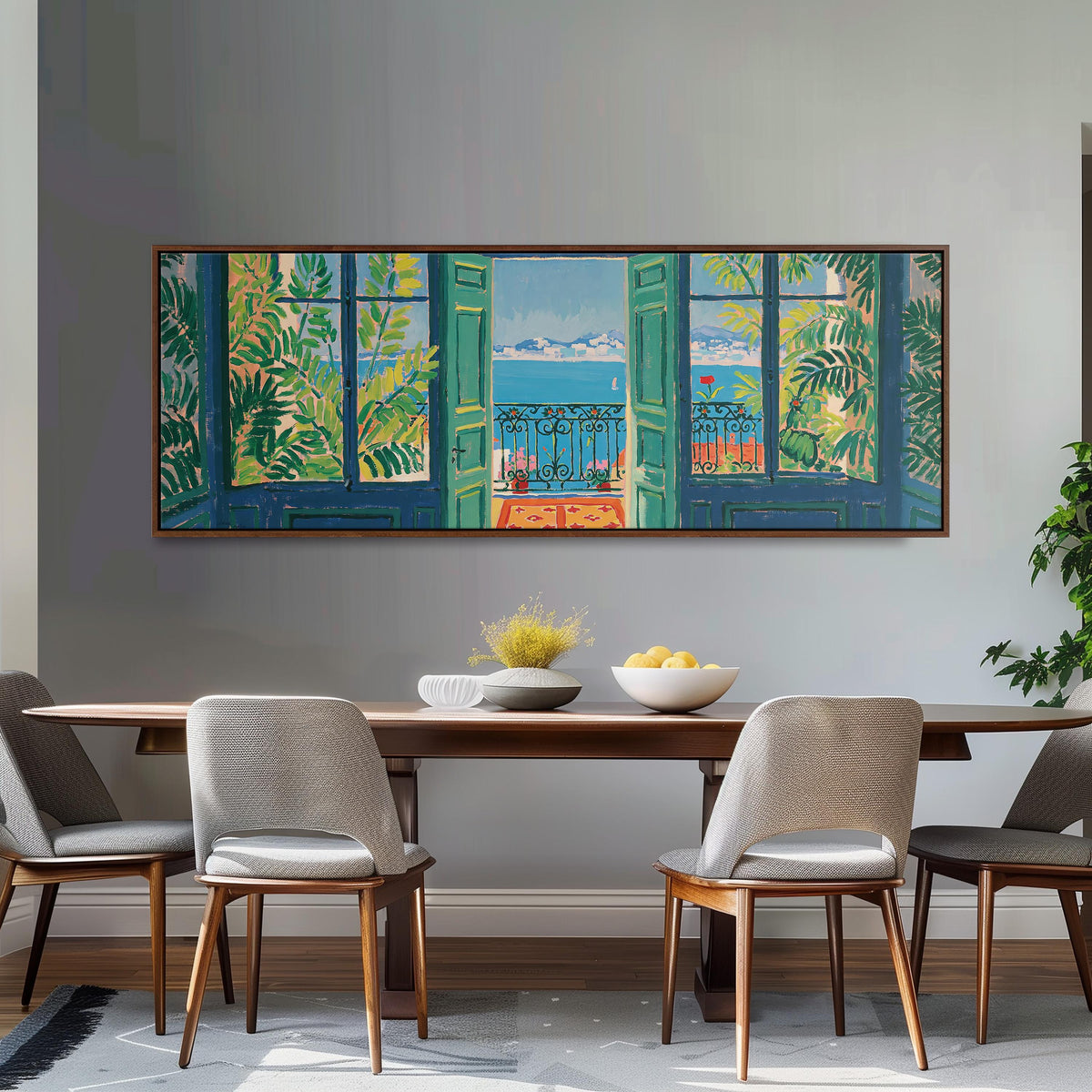 Riviera balcony view through open windows long horizontal canvas print above a dining table