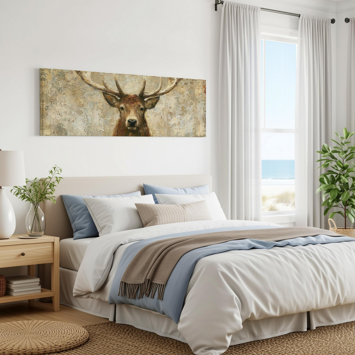Rustic stag portrait panoramic canvas print above a bed in a coastal bedroom