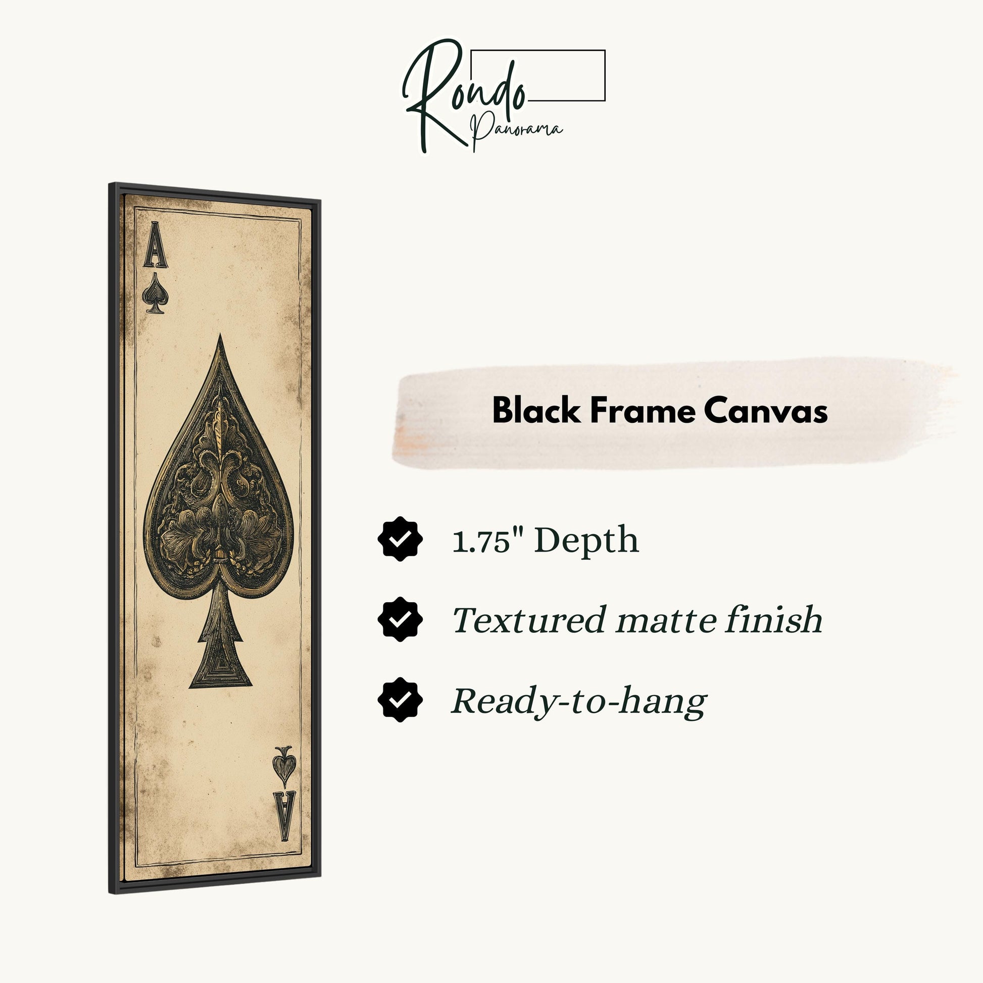 a black frame canvas with a spade of hearts on it, and it is described as a 1.75" depth canvas with a textured matte finish and a ready-to-hang feature.
