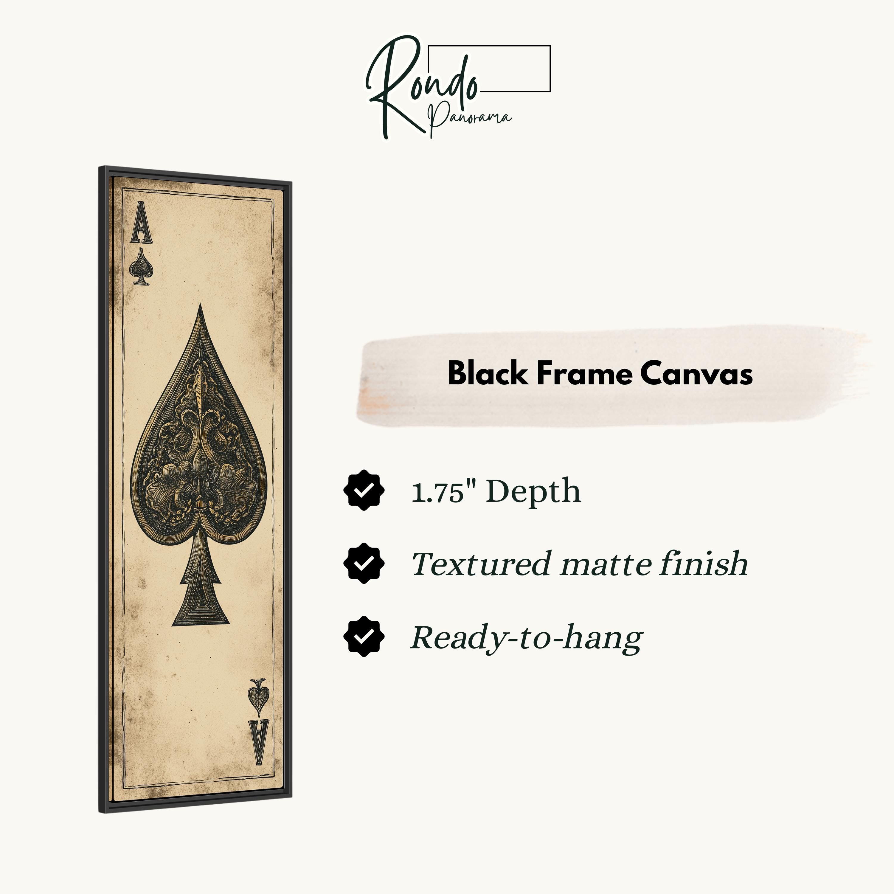 a black frame canvas with a spade of hearts on it, and it is described as a 1.75" depth canvas with a textured matte finish and a ready-to-hang feature.