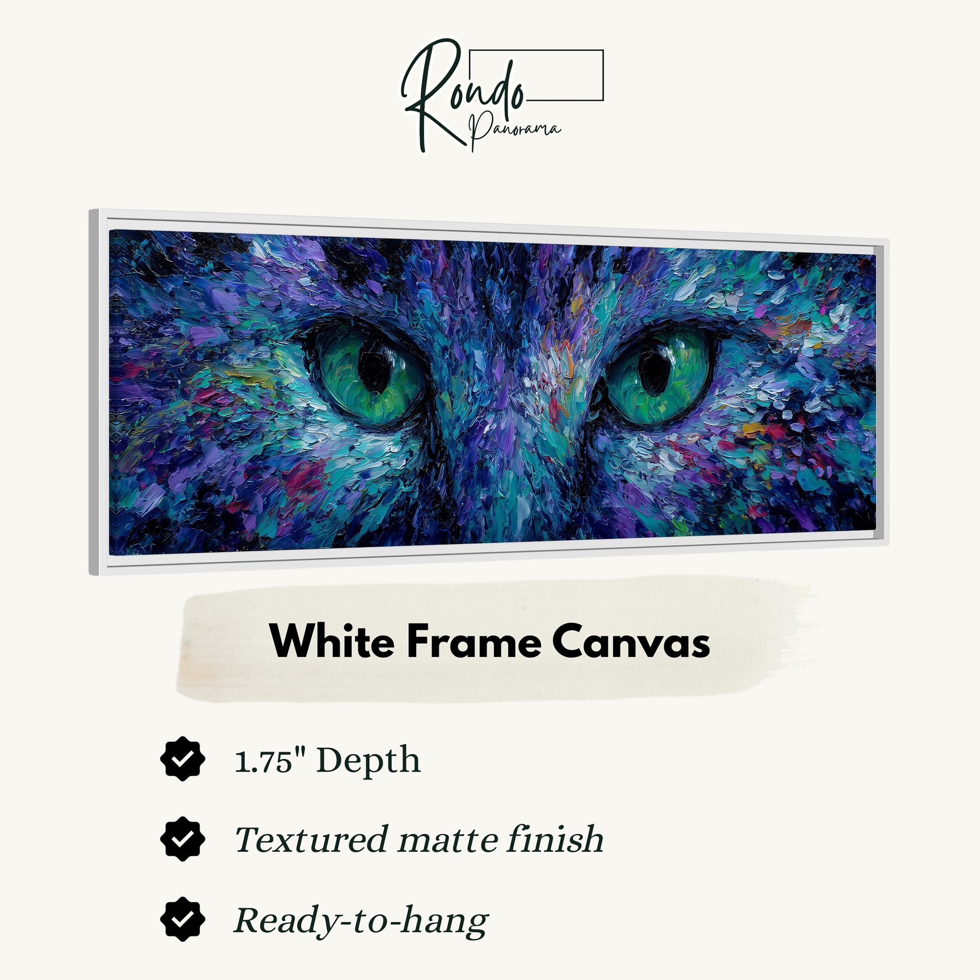 The image is a close-up of a cat's face with vibrant blue and purple eyes, and it is a white frame canvas.