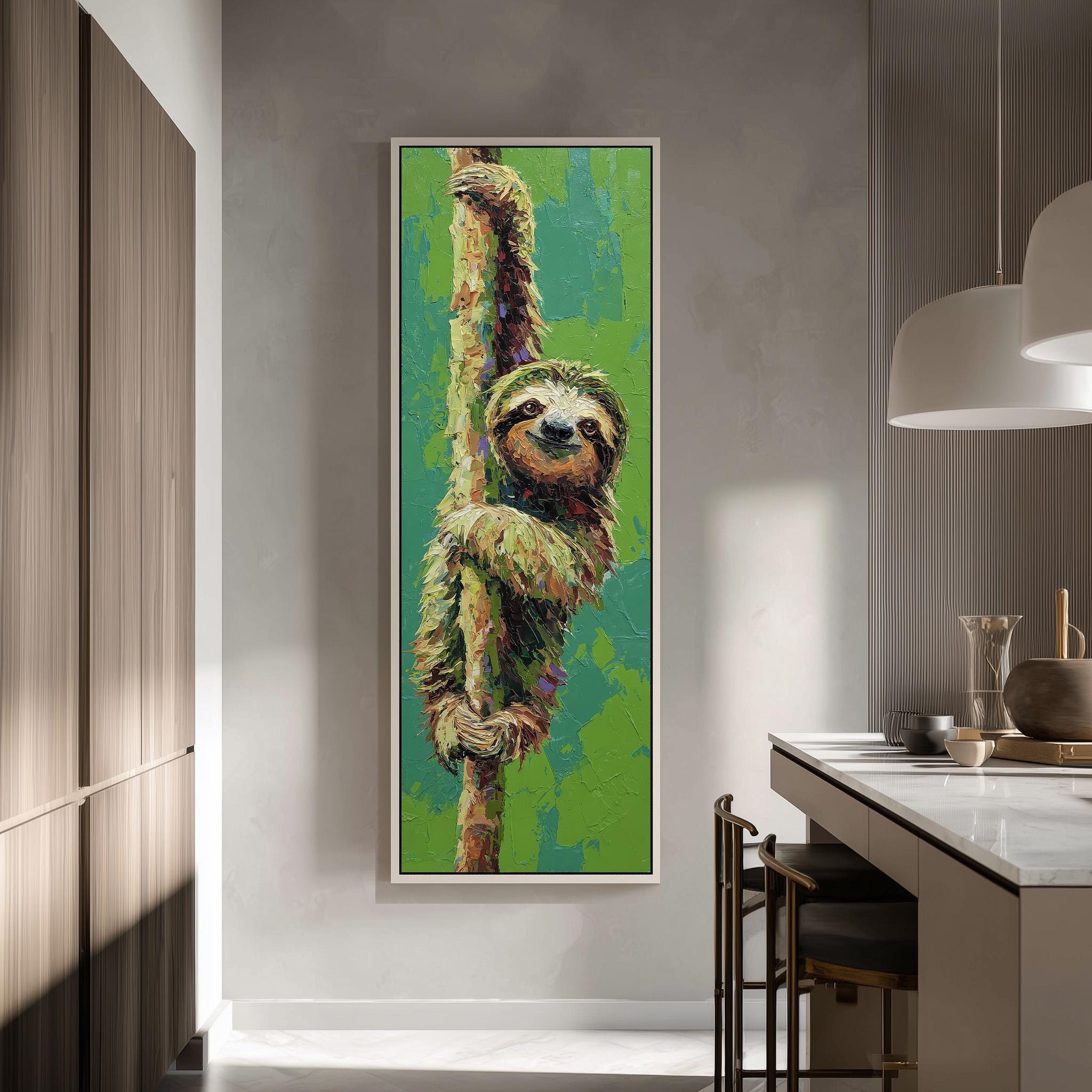 a large painting of a sloth hanging on a wall in a modern kitchen.