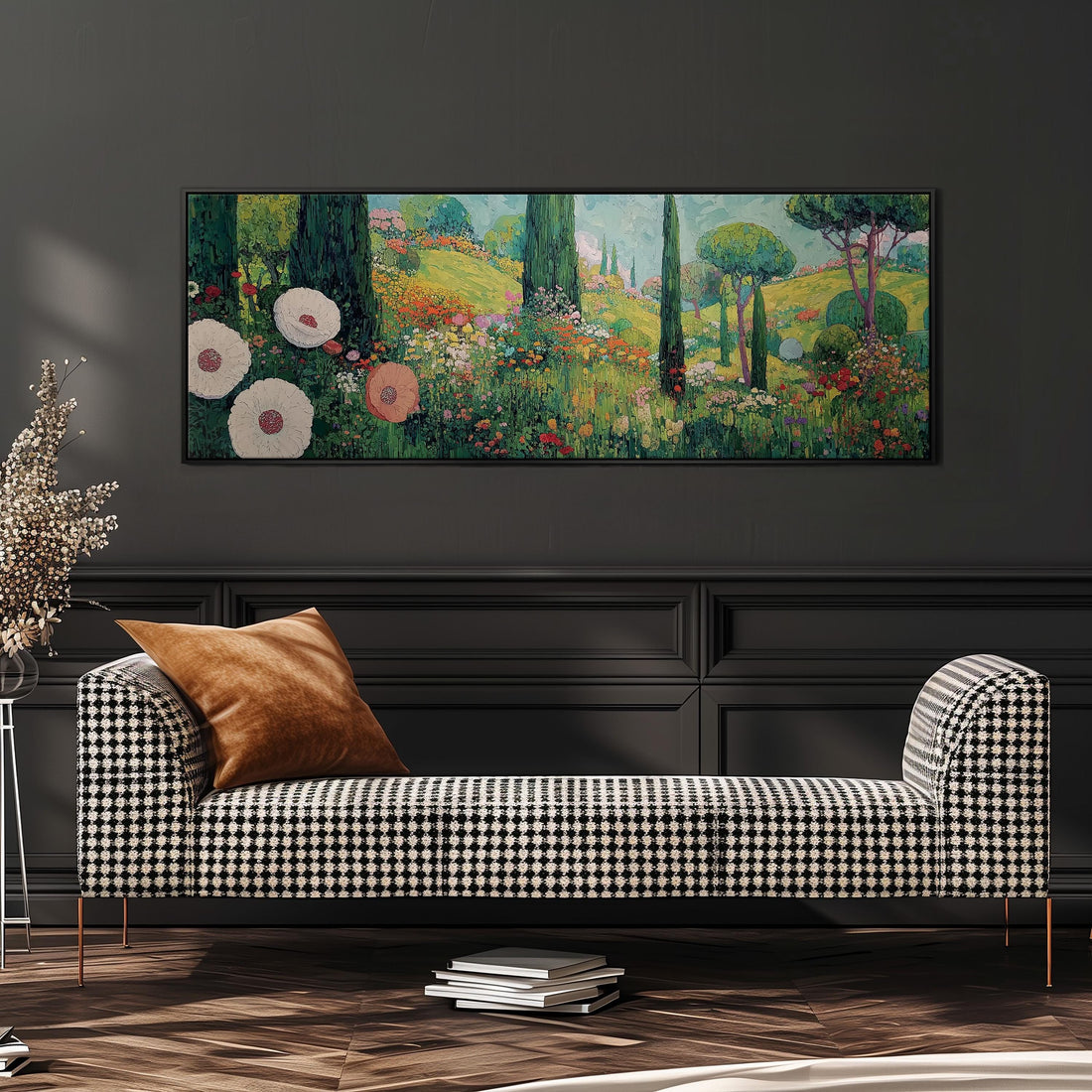 a large, vibrant painting of a lush, colorful garden hanging on a wall above a brown sofa.