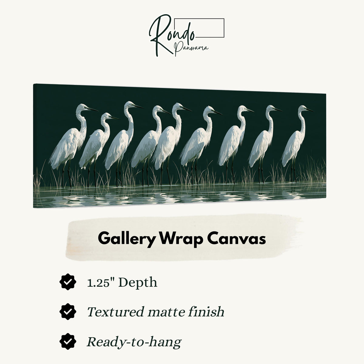 Row of white egrets on deep green gallery wrap canvas with the image wrapped around the edges