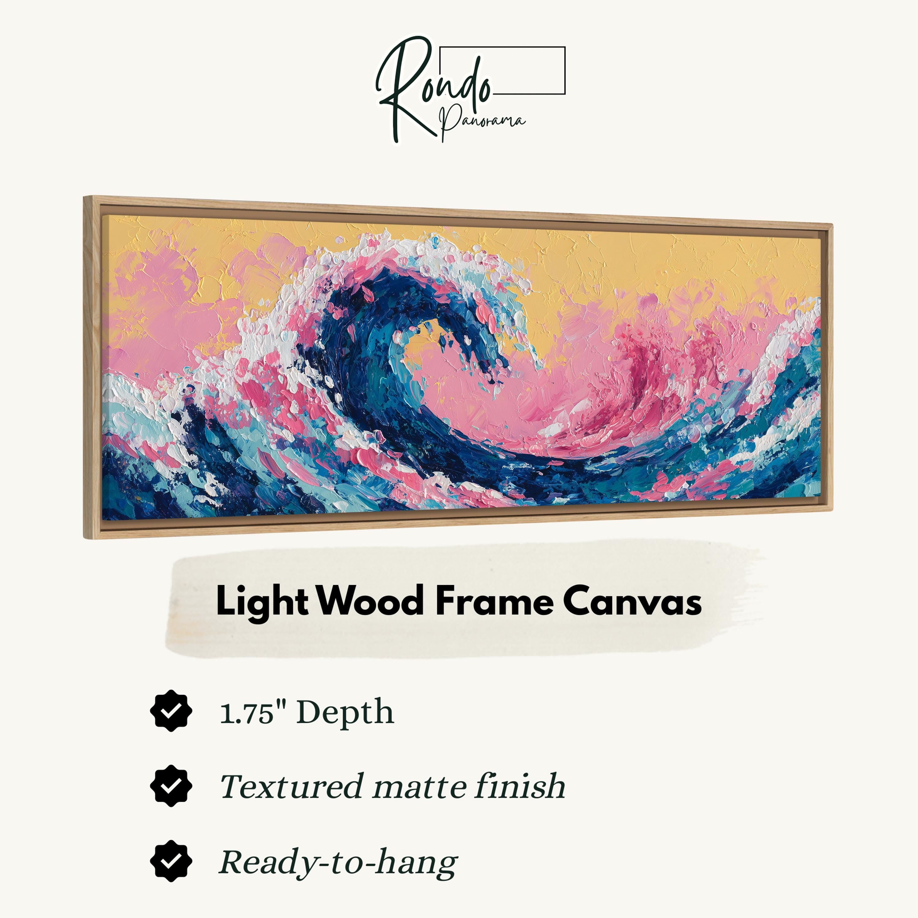 The image is a framed artwork depicting a vibrant, colorful wave with a textured finish.