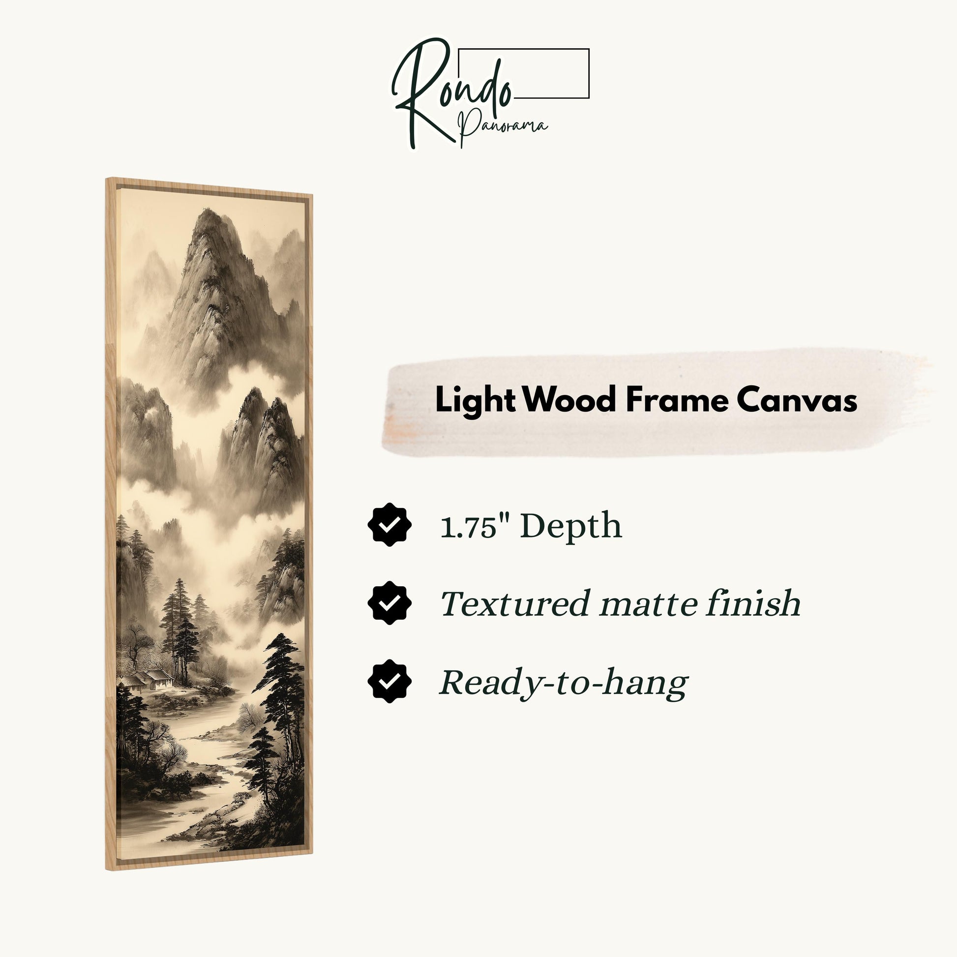 The image is a black and white landscape painting of a mountain scene, with a light wood frame.