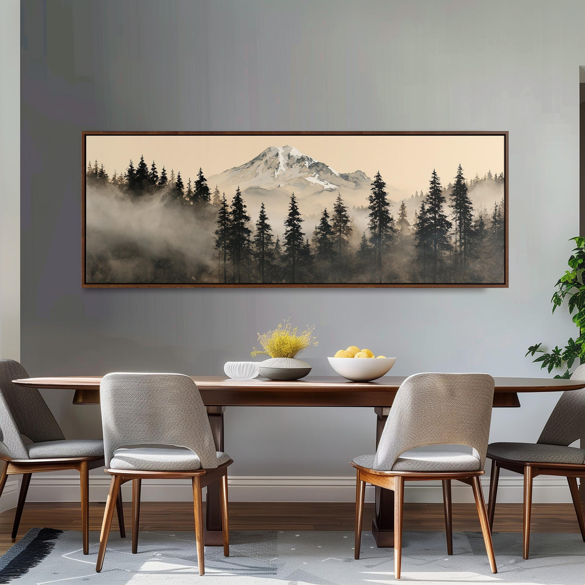 Foggy pine forest below a snowy mountain long horizontal canvas print above a dining table