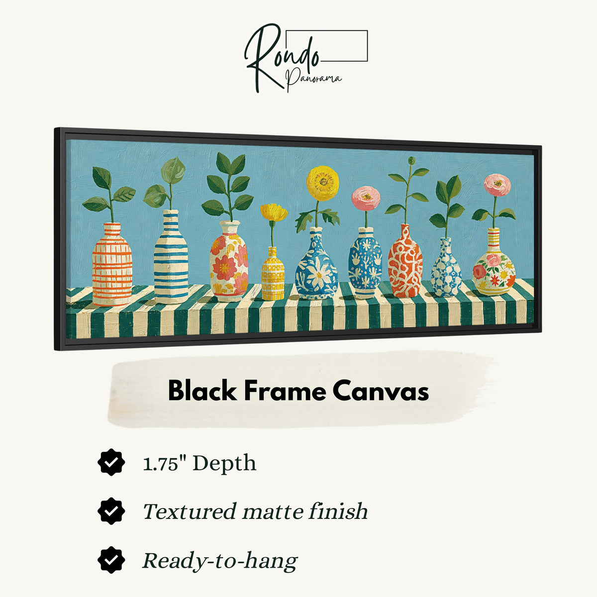 Row of striped vases with flowers canvas print in a black floating frame