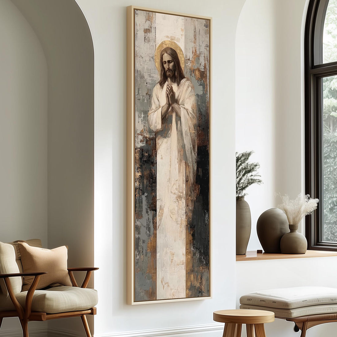 a large painting of Jesus Christ hanging on a wall in a room with a bed, a potted plant, and a woven ottoman.