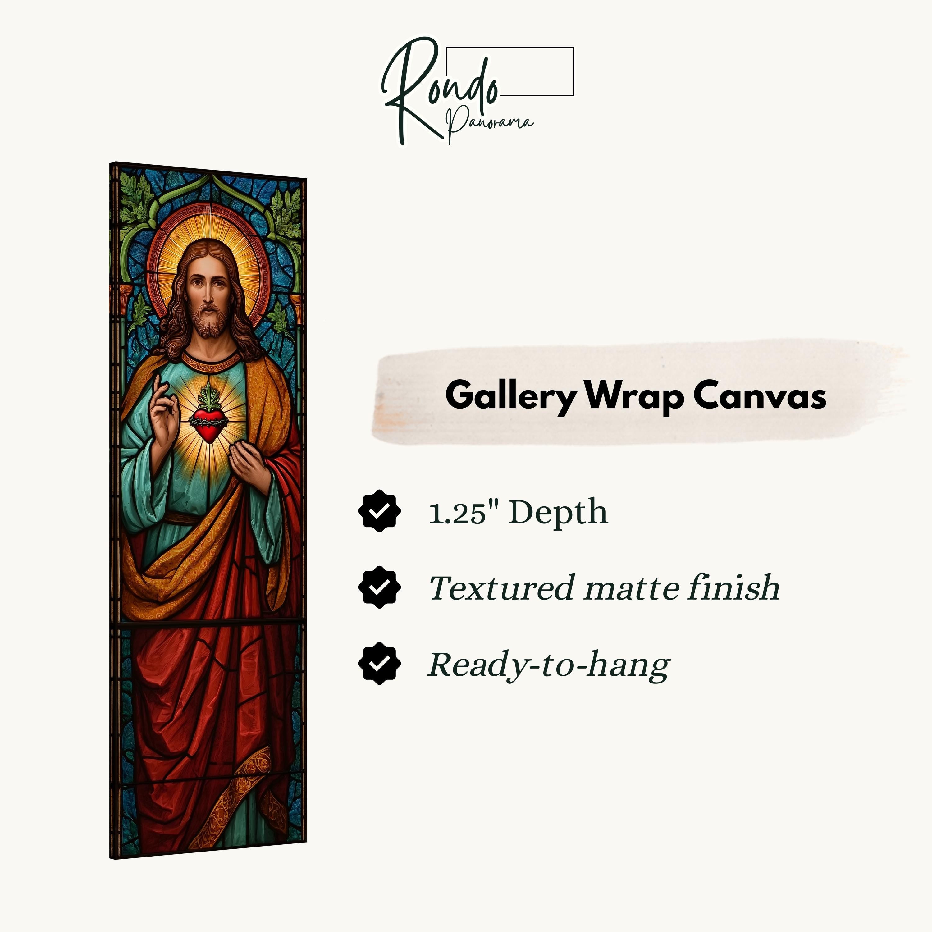 The image is a gallery wrap canvas featuring a stained glass-style depiction of Jesus Christ.