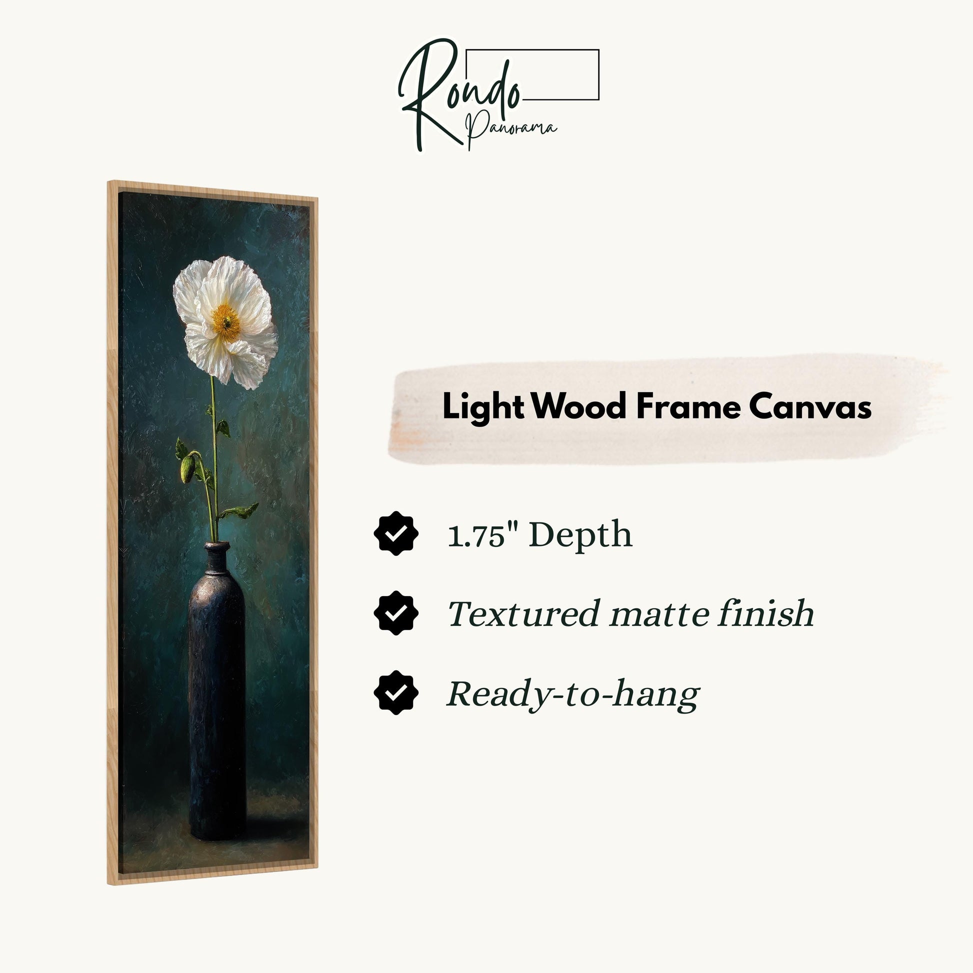 The image is a painting of a white flower in a dark vase, displayed in a light wood frame.