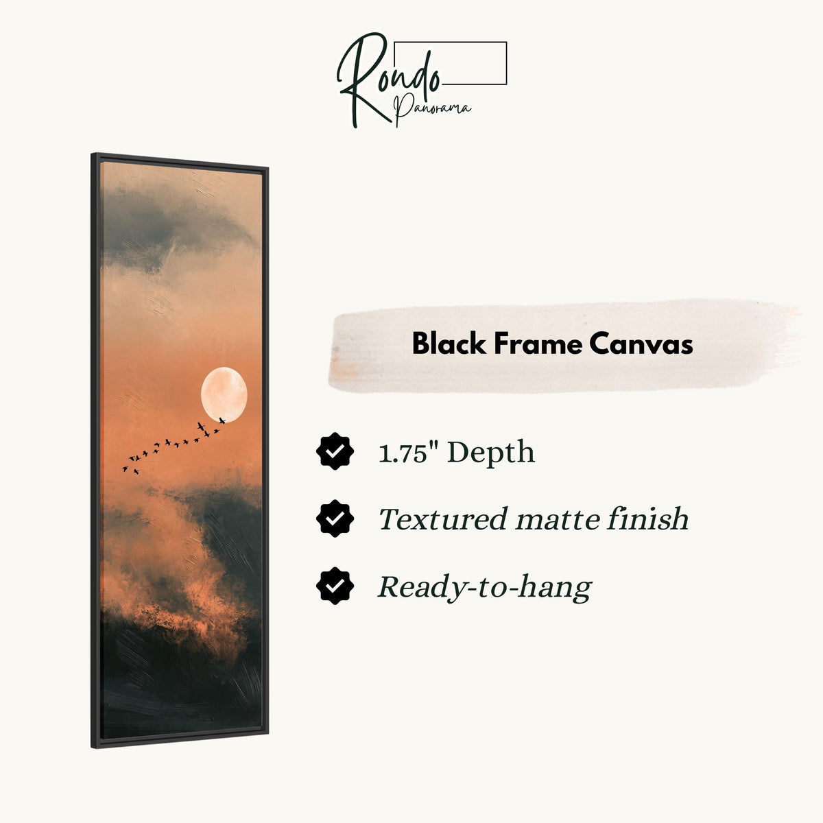 Birds flying past a rising moon in an orange sky canvas print in a black floating frame