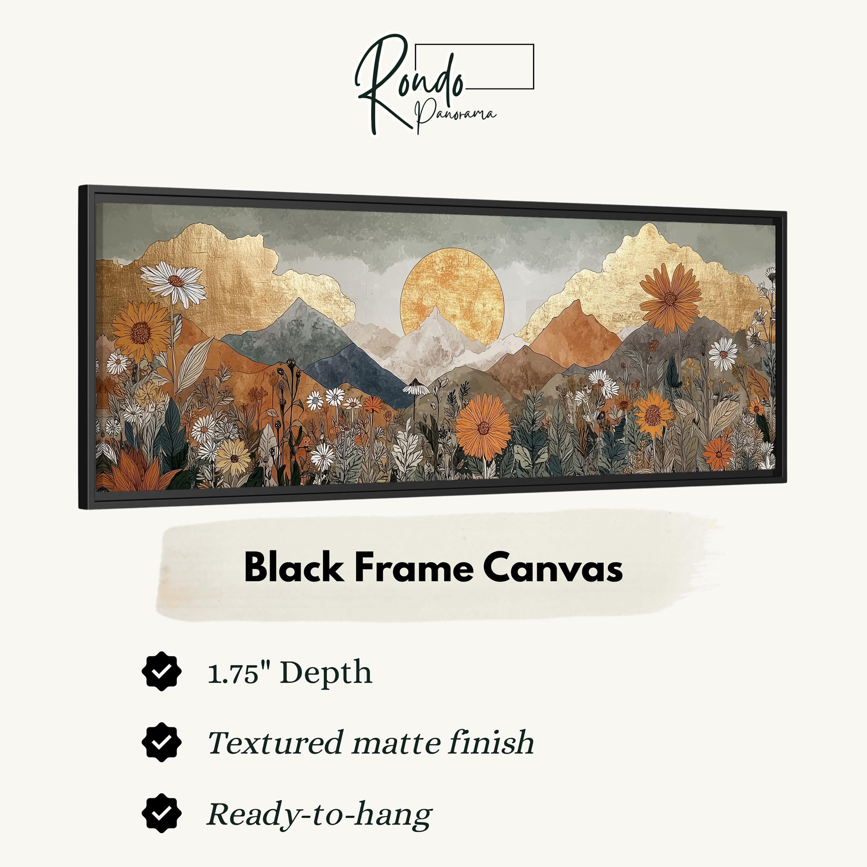 The image is a black frame canvas depicting a mountainous landscape with a large sun in the sky.