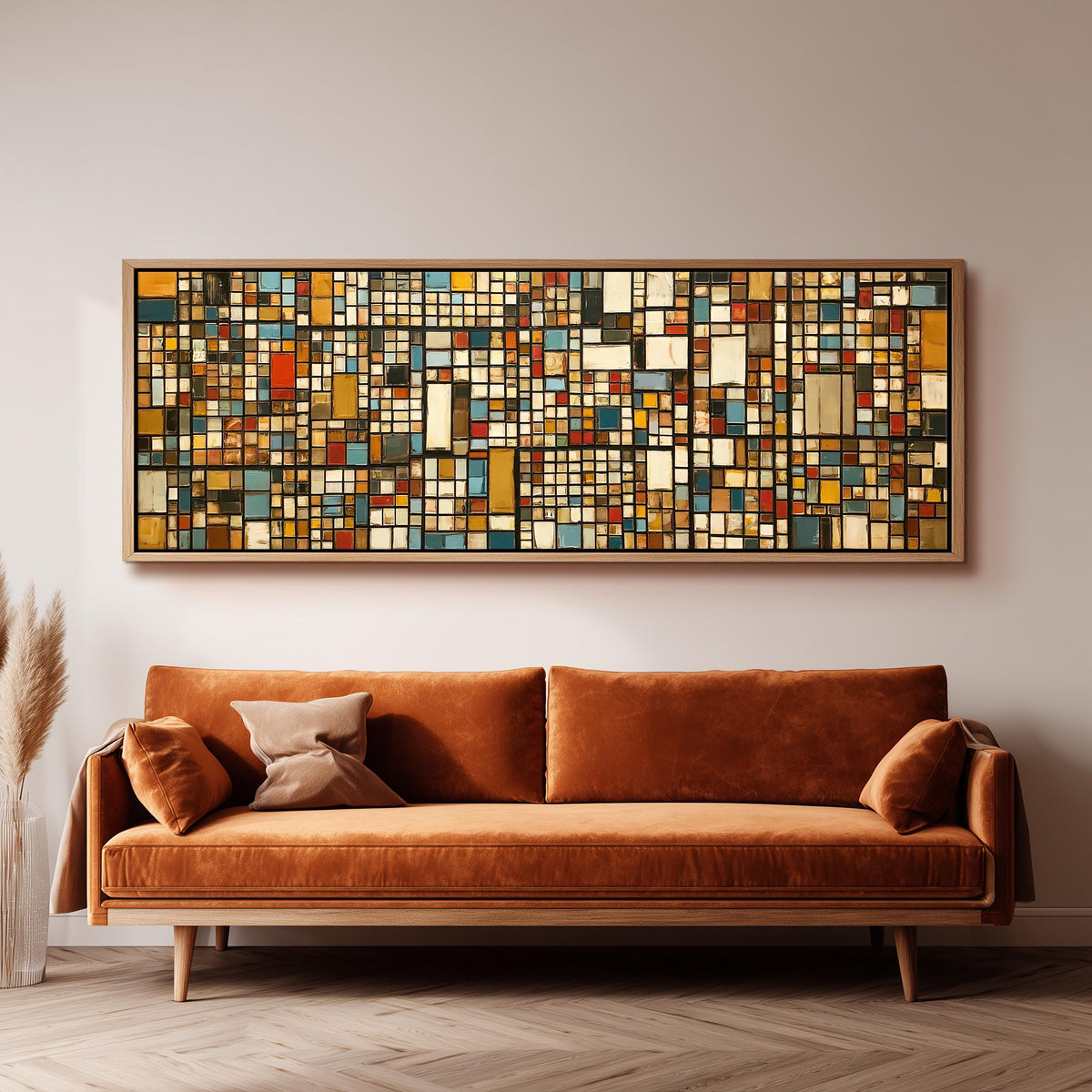 Ochre and blue mosaic tiles with red accents long horizontal canvas print above a sofa in a living room
