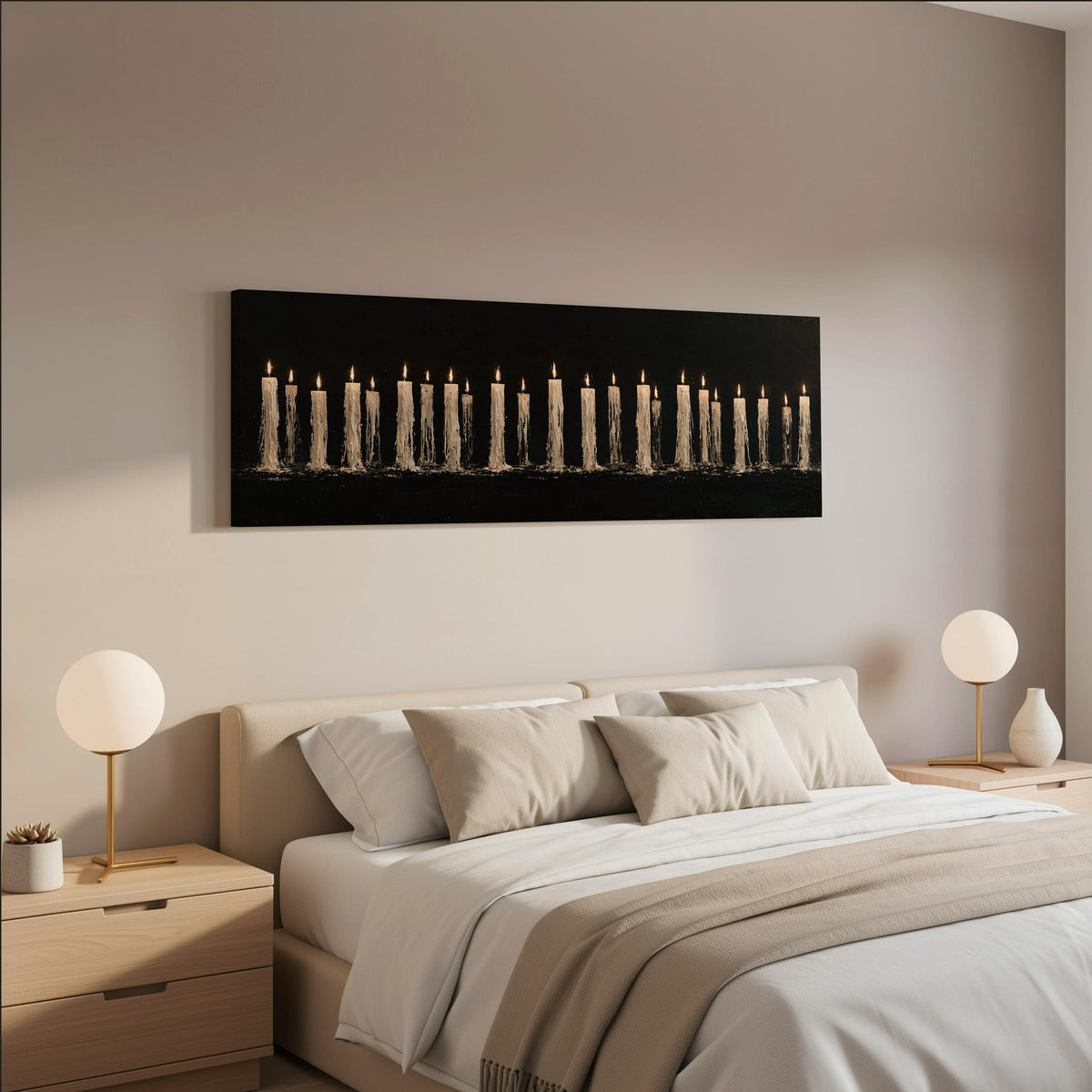 Long row of flickering candles wide panoramic canvas print above a bed in a neutral bedroom