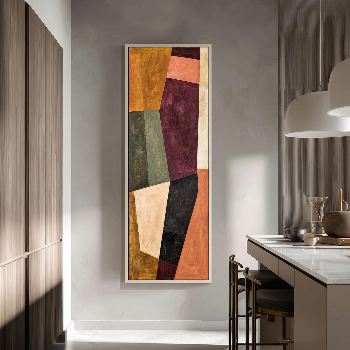 Angular blocks in mustard, maroon and blush tall skinny canvas print in a modern kitchen