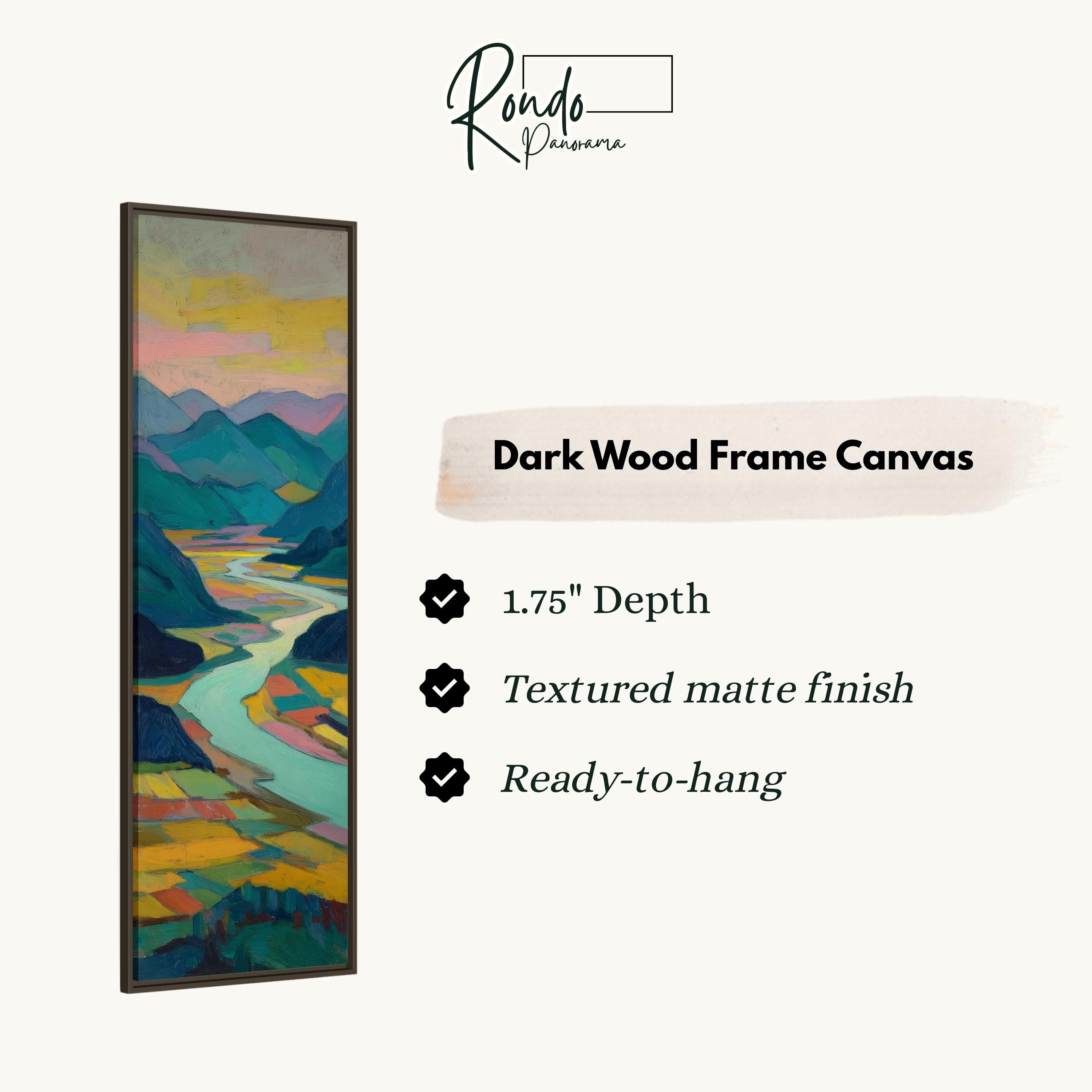 The image is a rectangular dark wood frame canvas depicting a landscape with mountains and a river.